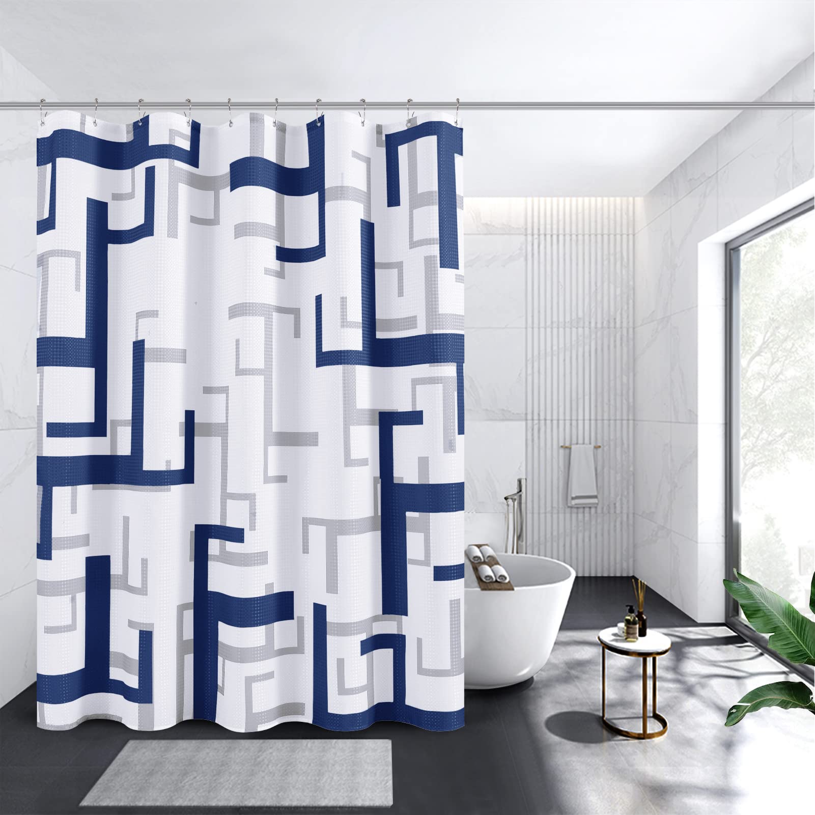 Modern Blue Geometric Shower Curtain - Waterproof Polyester Bathroom Curtain with Textured Fabric & 10 Hooks, 60x72 Inch, Machine Washable - Perfect for Contemporary Bathrooms & Spa-Like Showers
