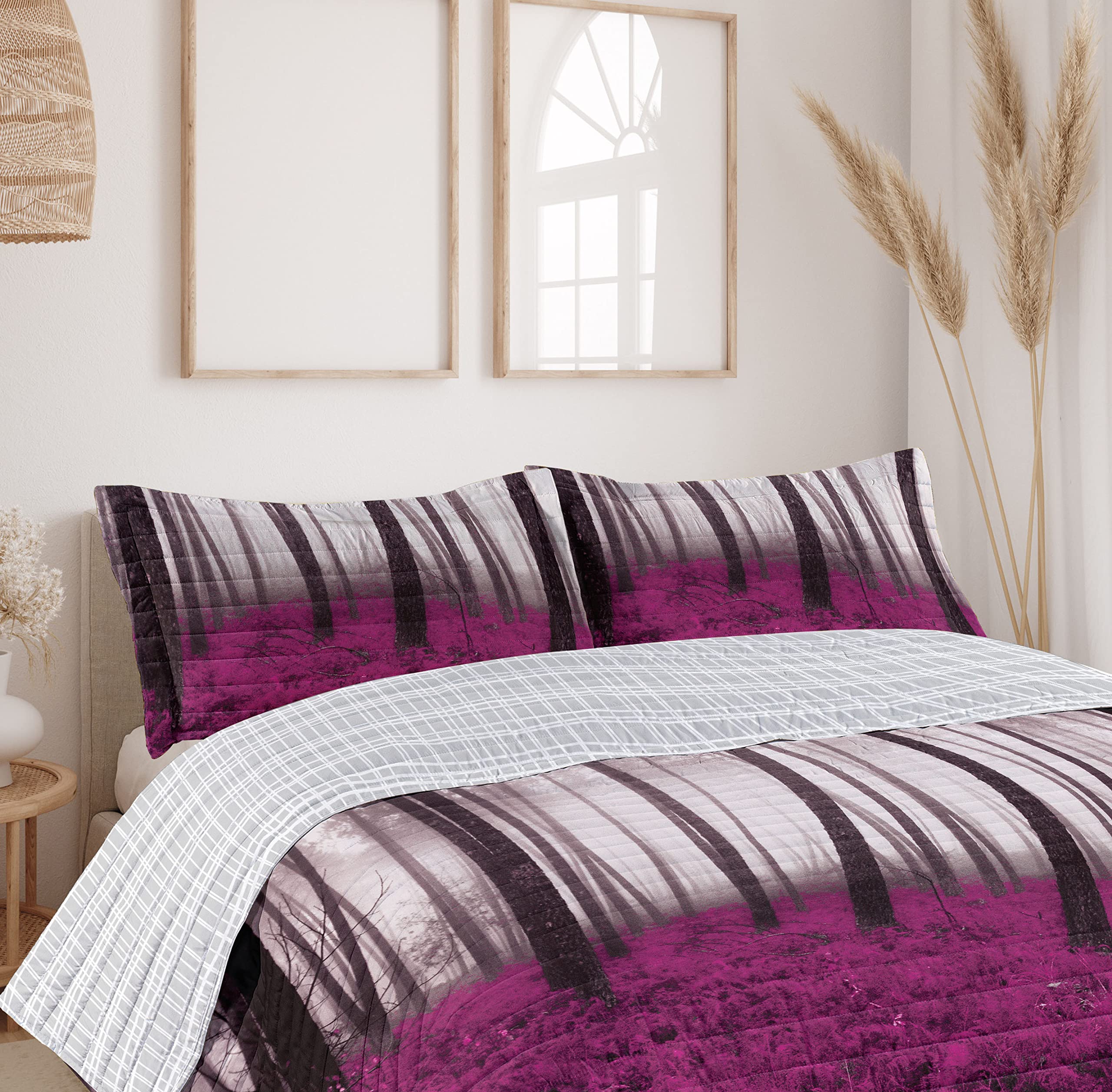Ambesonne Reversible King Size Bedspread Set - Fantasy Woodland Forest with Fog, Trees & Bushes in Purple Grey Fuchsia | Microfiber Comforter & Pillow Shams | Perfect for Cozy Bedrooms, Guest Rooms & Cabin Retreats