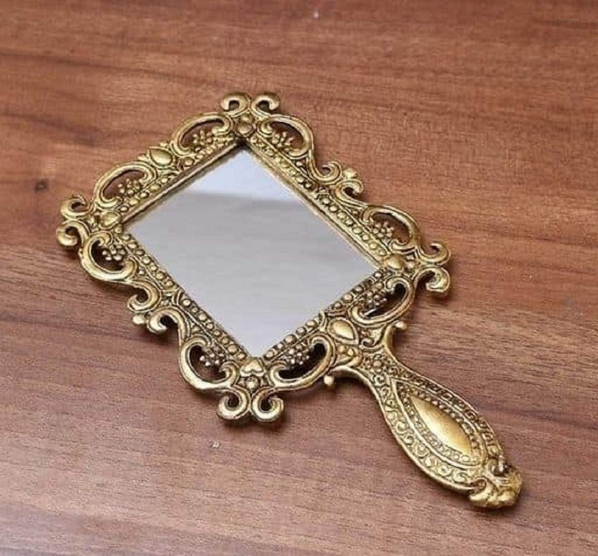 Vintage Metal Handheld Mirror - Golden Compact Makeup Mirror for Travel & Vanity (10x18cm)