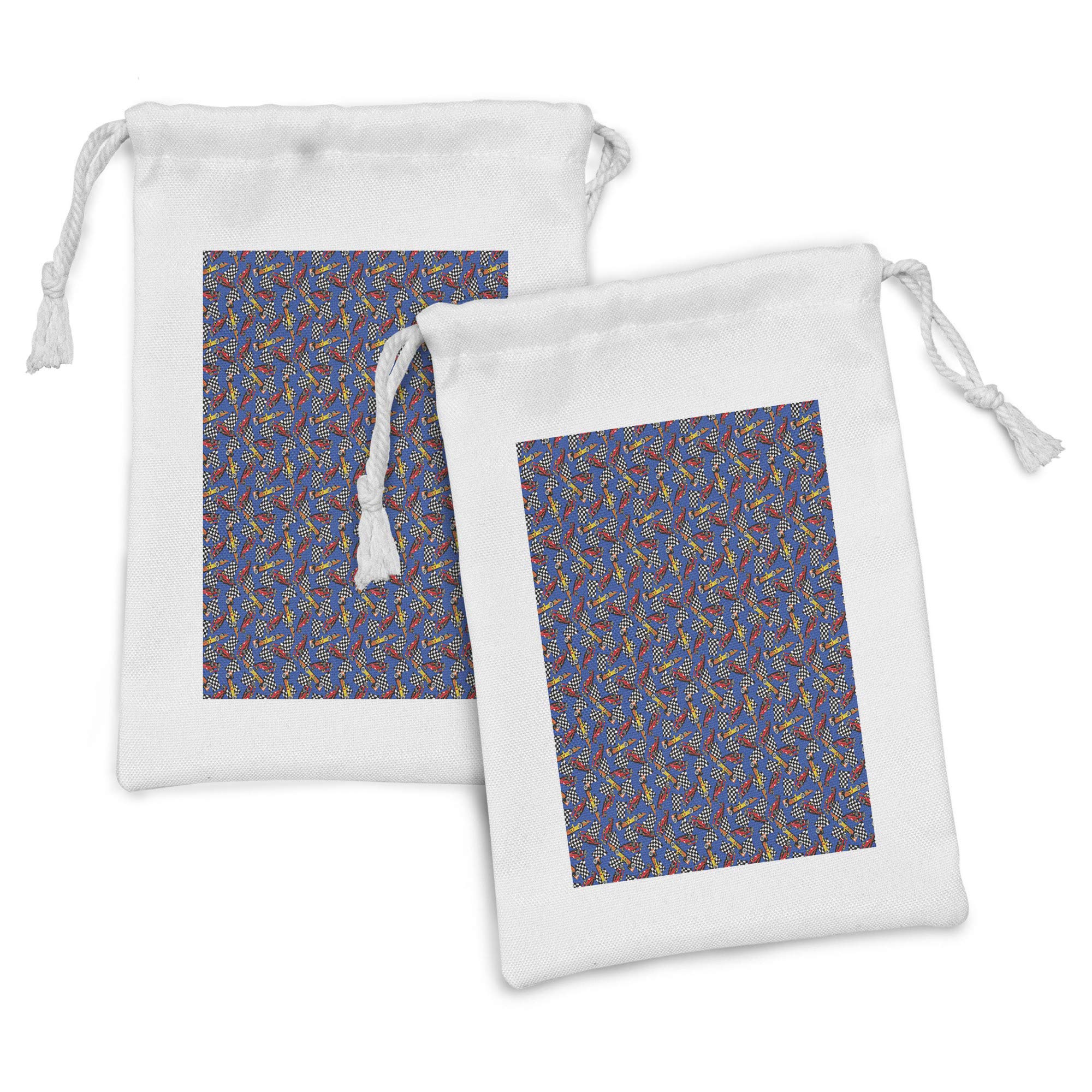 Ambesonne Race Car Fabric Pouch Set of 2 - Cartoon Style Checkered Flag & Auto Drawstring Bags (9