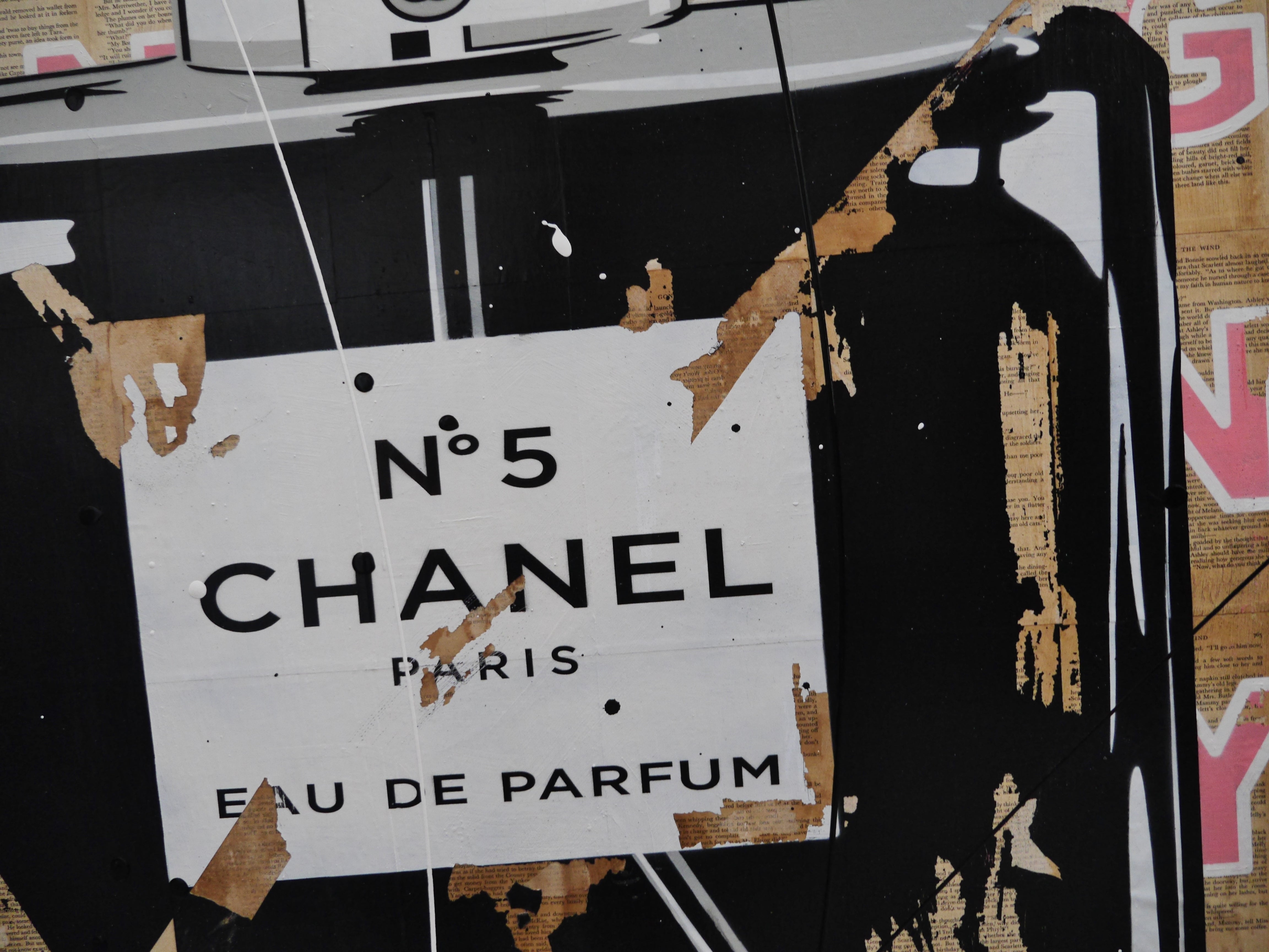 Chanel Perfume Bottle Urban Pop Art Painting - 140cm x 100cm Large Canvas Wall Decor for Living Room, Bedroom & Book Club | Ripped Fragrances Style