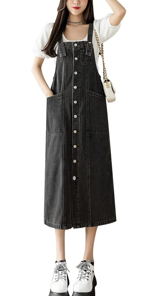 Chouyatou Women's Denim Pinafore Midi Dress with Adjustable Straps & Button Up Front - Casual Boho Style for Spring, Summer, and Fall Outfits