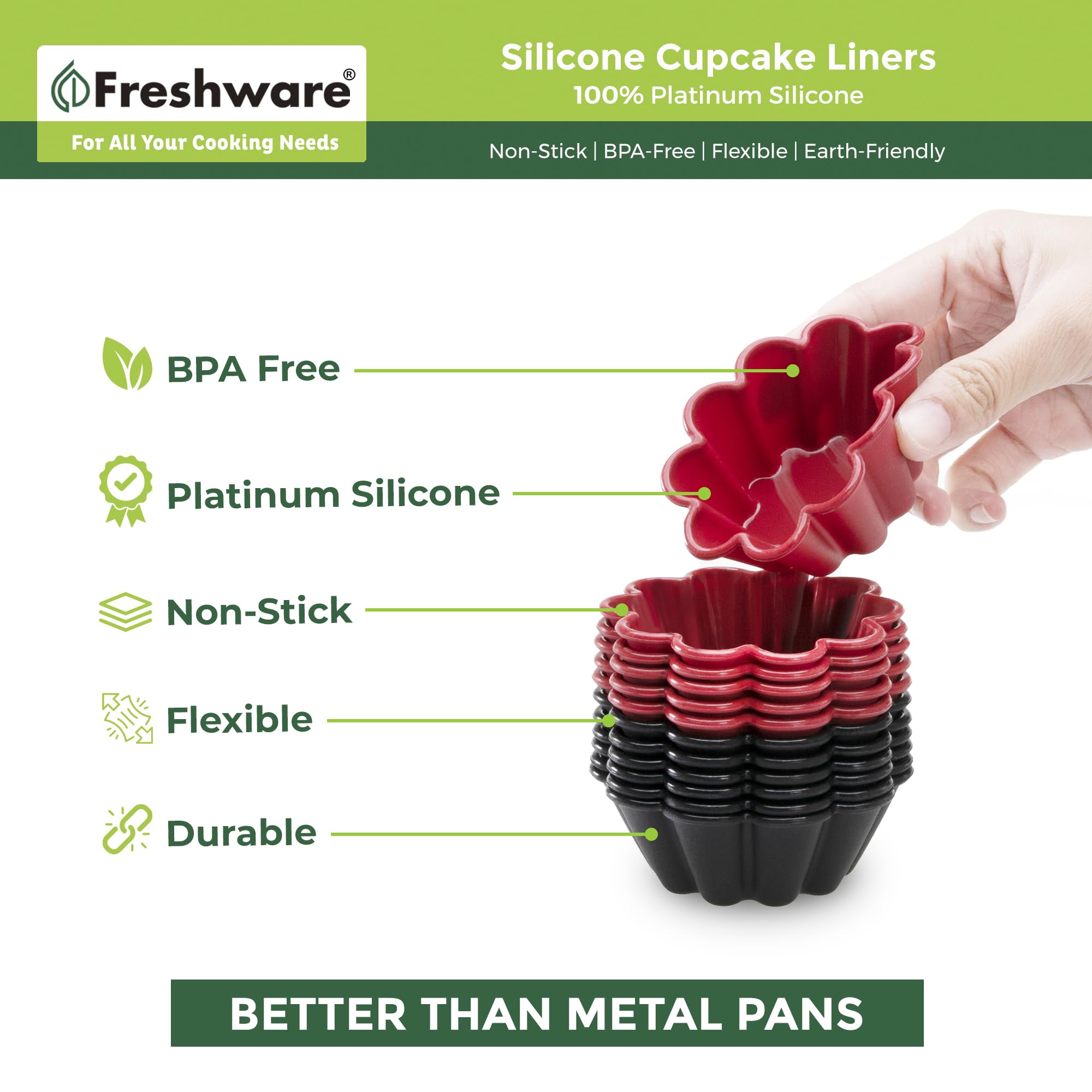 Freshware 12-Pack Silicone Cupcake Liners - 3 Inch Reusable Non-Stick Muffin Baking Cups for Baking, Party, Halloween & Christmas - Perfect for Cupcakes, Muffins & Flower-Shaped Desserts