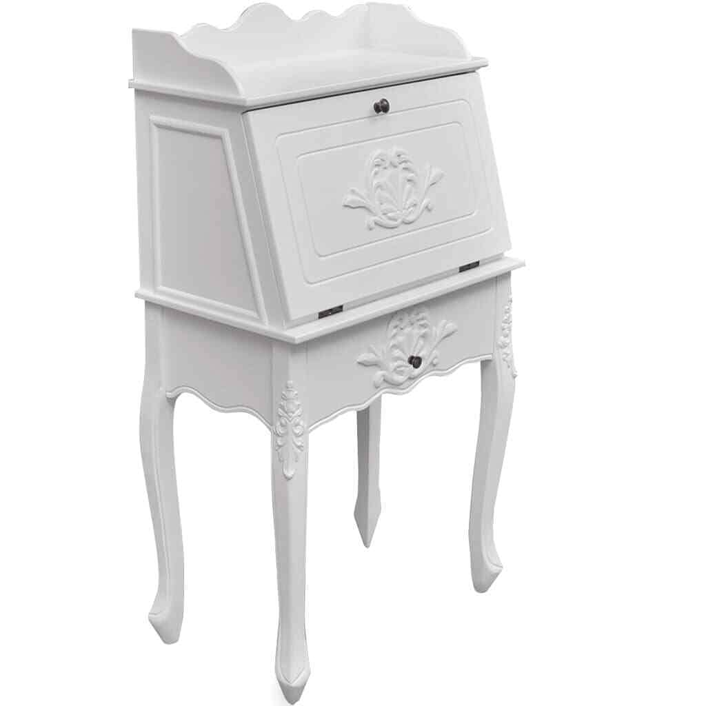 Vintage French Style White Carved Wooden Secretary Desk with Storage - Elegant Home Office Writing Desk for Study, Library & Workspace Organization