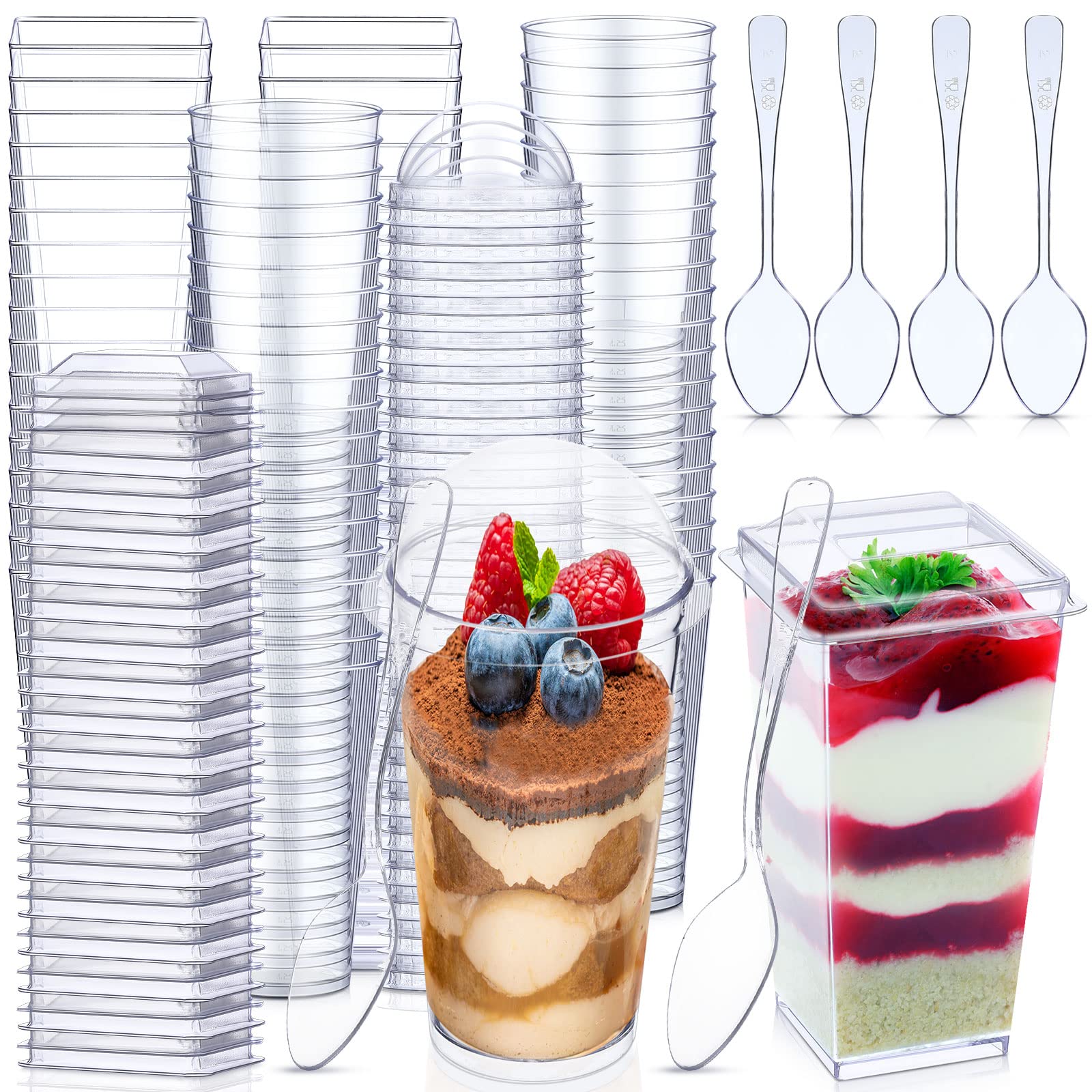 Nuogo 100-Pack Clear Plastic Mini Dessert Cups with Lids & Spoons - Disposable Square Parfait Containers & Round Cake Cups for Party Appetizers, Pudding, Ice Cream, Yogurt | Perfect for Catering, Wedding, Baby Shower & Holiday Dessert Displays
