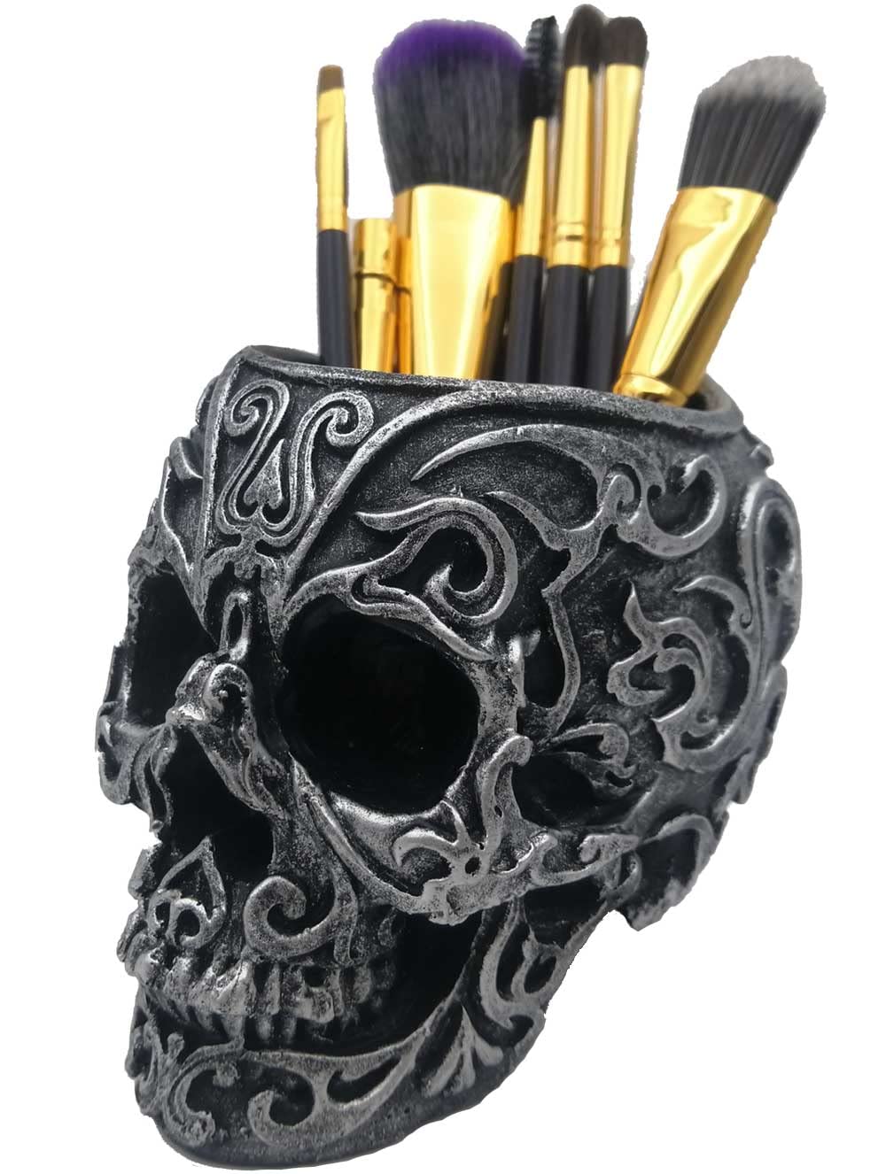Gothic Skull Makeup Brush Holder & Pen Organizer - Durable Resin Vanity Decor for Home Office Desk, Succulent Planter & Makeup Accessory Storage (Silver) | Perfect for Gothic Decor, Makeup Artists & Dark Aesthetic Lovers