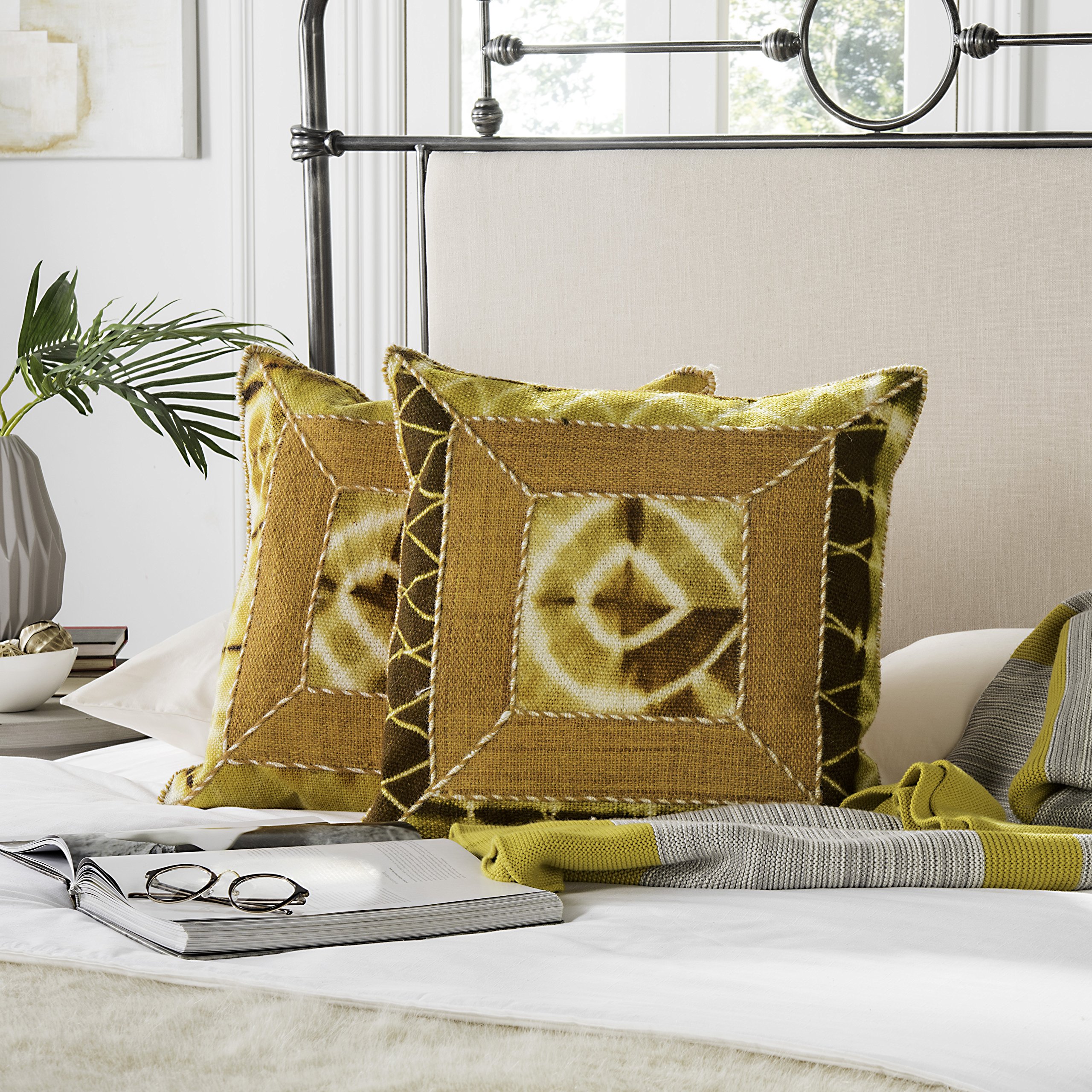 SAFAVIEH Dip-Dye Patch Turmeric Throw Pillows Set of 2 - 24 Inch Square Decorative Cushion Covers for Sofa, Bed & Living Room - Boho Chic Home Decor Accent