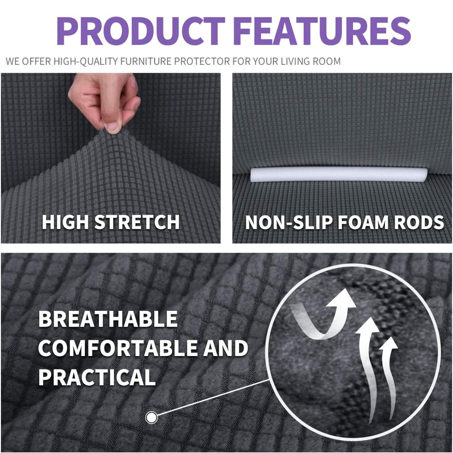 ZNSAYOTX 4-Piece Stretchable Jacquard Sofa Slipcovers - Dark Grey Couch Covers for 3-Cushion Couches, Machine Washable Furniture Protector for Living Room, Home Decor & Pet Protection