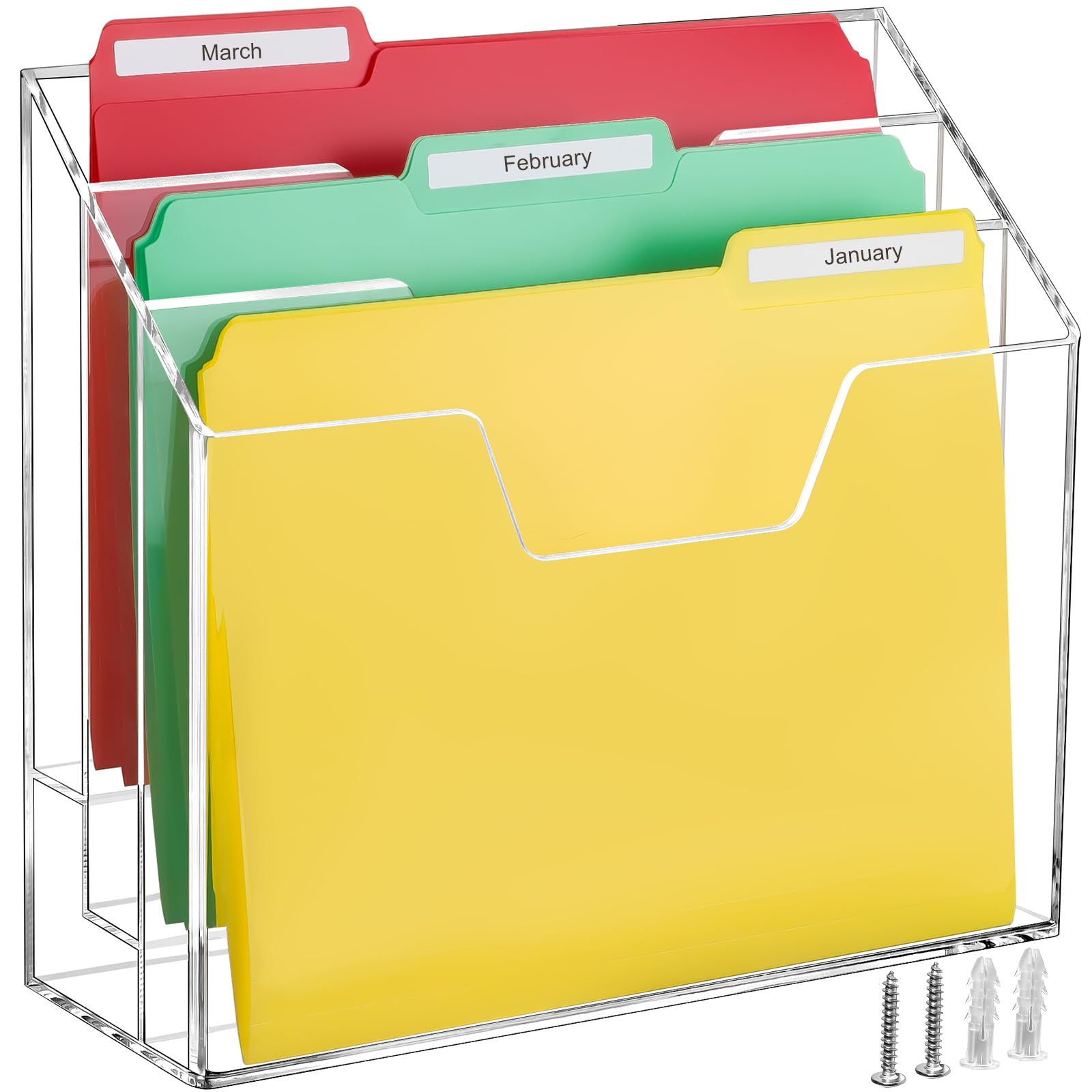 BEYGORM 3-Tier Acrylic File Folder Holder Organizer - Clear Wall Mount & Desktop Magazine Storage for Office & Home - Vertical Upright File Organizer for Documents, Bills, Mail - Perfect Desk Organizer for Small Spaces