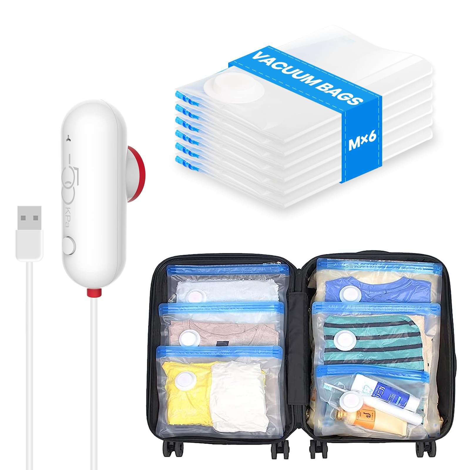 6 Pack Vacuum Storage Bags for Travel - Space Saving Compression Bags with USB Electric Pump for Clothes, Blankets & Bedding | Perfect for Suitcase Organization & Seasonal Storage