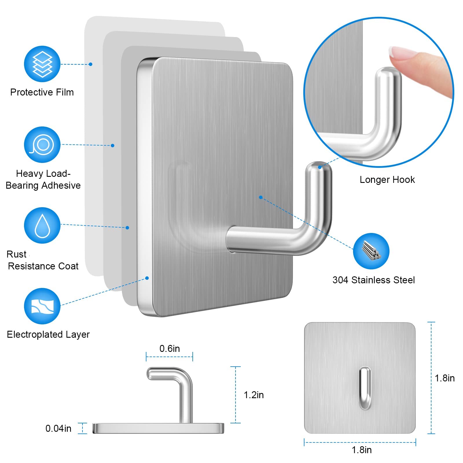 Stainless Steel Adhesive Hooks - 4 Pack Waterproof Wall Hooks for Towels, Hats & Coats - Perfect for Bathroom, Kitchen & Entryway Organization