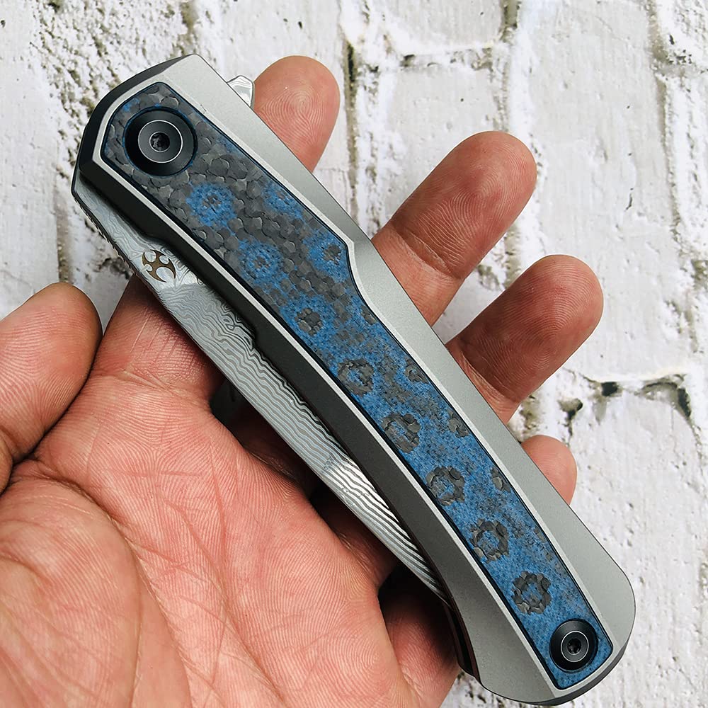 Kansept Kratos Damascus Folding Pocket Knife - 8.69in Titanium Handle with Blue Black Fat Carbon Fiber Inlays, 3.79in Clip Point Blade - EDC, Outdoor, Hunting, Camping, Survival Gear - Perfect for Everyday Carry, Bushcraft & Tactical Use