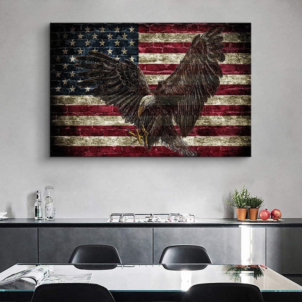 Patriotic American Flag Wall Art - 16x24 Inch Eagle & Flag Military Decor for Bedroom, Living Room - Perfect for Veterans Day, Independence Day & Home Office Decor
