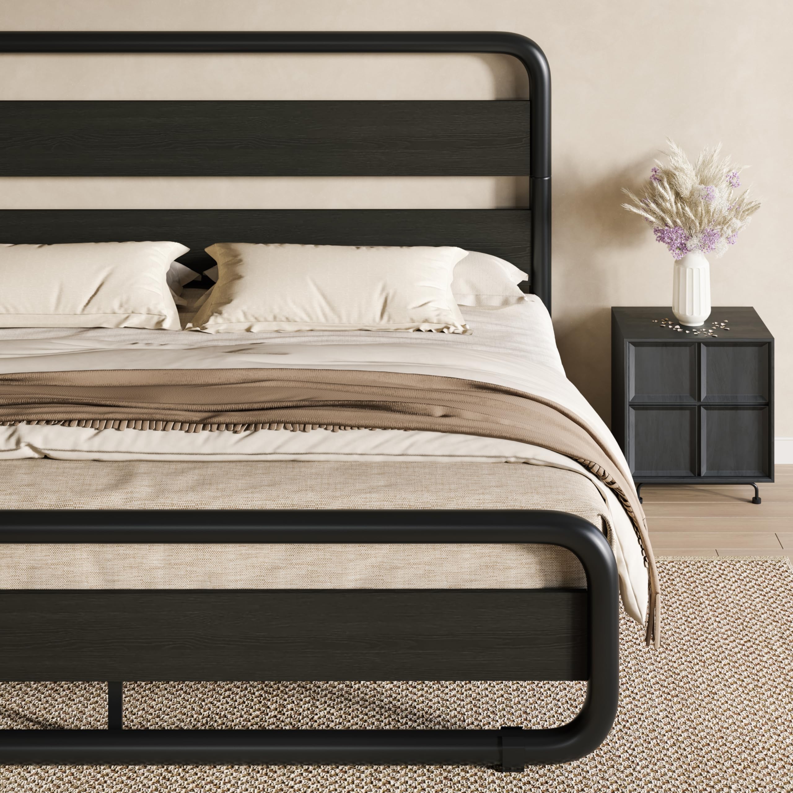 King Size Metal Bed Frame with Wooden Headboard & Footboard - Heavy Duty Platform Bed with 10