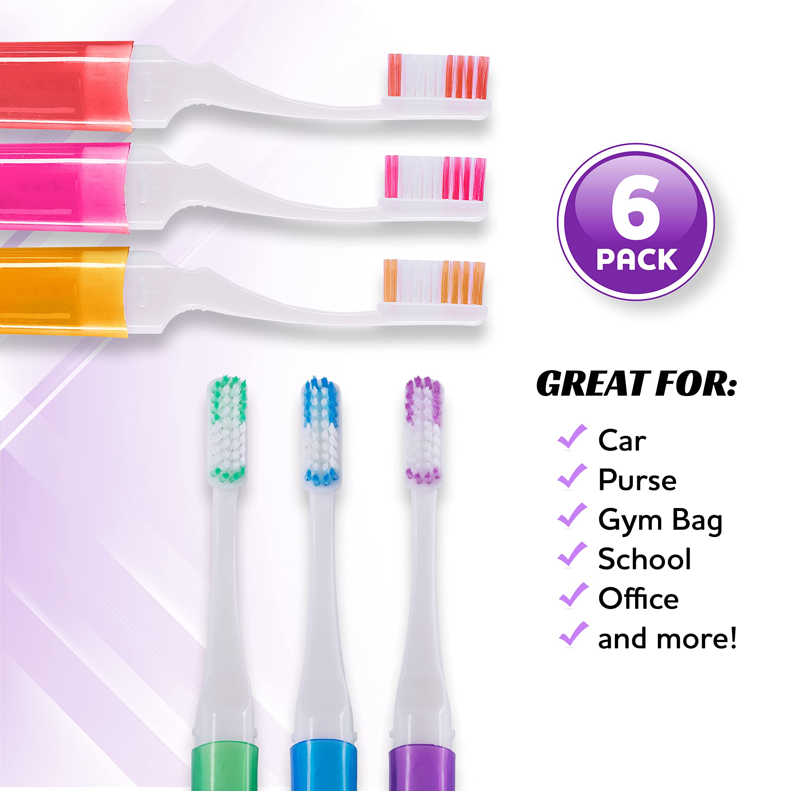 **Lingito Firm Travel Toothbrushes 6-Pack - Mini Toothbrush with Cover, Portable Camping & Travel Toothbrush Kit for Adults - Perfect for Hiking, Backpacking, and On-the-Go Oral Care**
