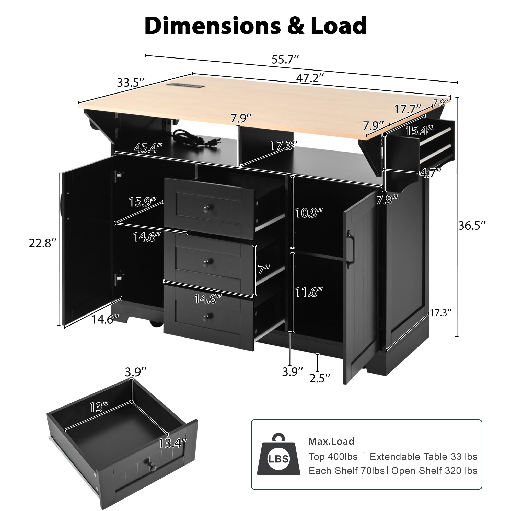 Modern Large Kitchen Island with 2 Drop Leaf, 5-Wheel Rolling Cart with Power Outlet, Folding Storage Dining Table for Kitchen & Dining Room - Black (Space-Saving Design for Small Kitchens, Perfect for Entertaining & Meal Prep)