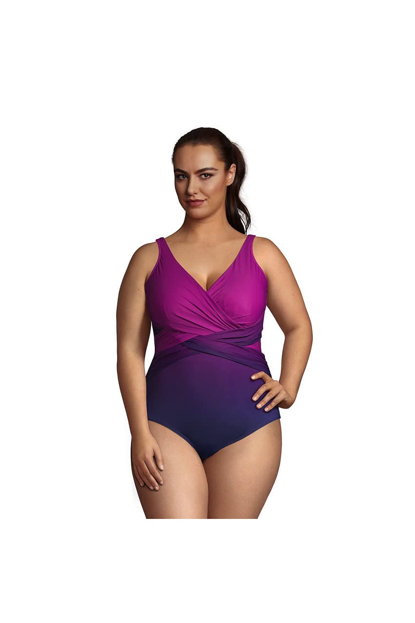Lands' End Women's Tummy Control V-Neck Wrap One Piece Swimsuit - Chlorine Resistant Slimming Bathing Suit for Swimming, Beach & Vacation