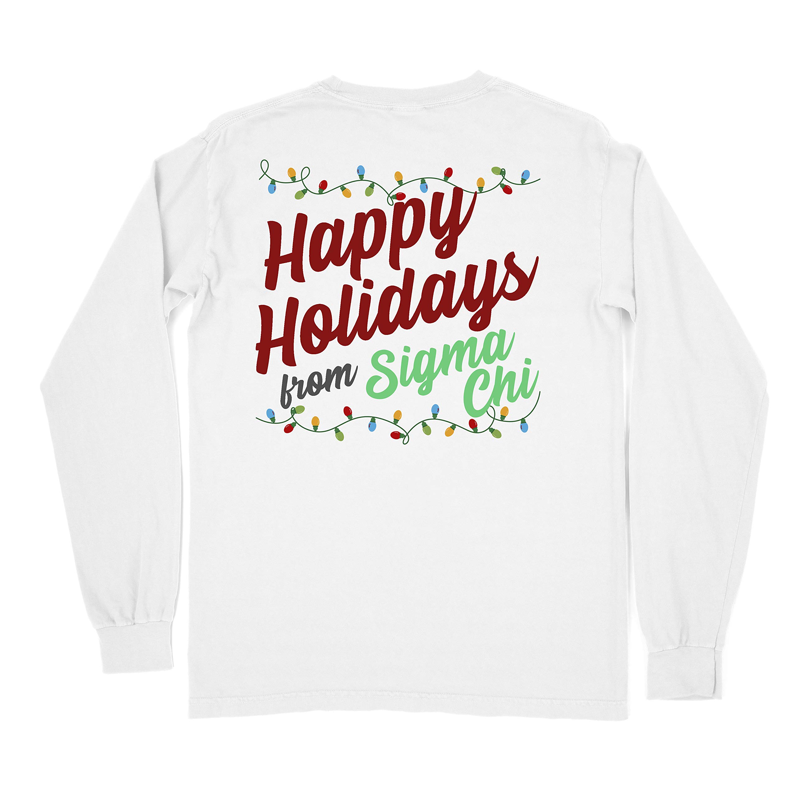 Sigma Chi Fraternity Happy Holidays Comfort Colors Long Sleeve Shirt - Soft Cotton Crewneck Pullover for College Greek Life, Christmas Party & Winter Outfits