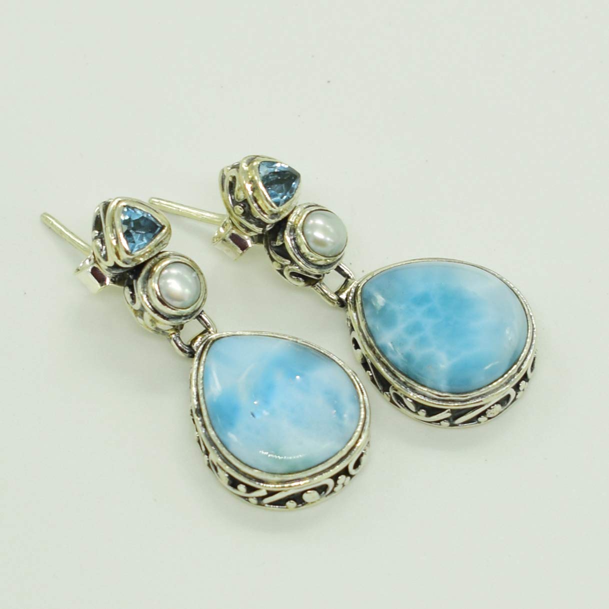 Larimar & Blue Topaz Pearl Teardrop Earrings - Sterling Silver Filigree Irish Celtic Drop Earrings for Women | Elegant Jewelry Gift for Weddings, Parties & Special Occasions