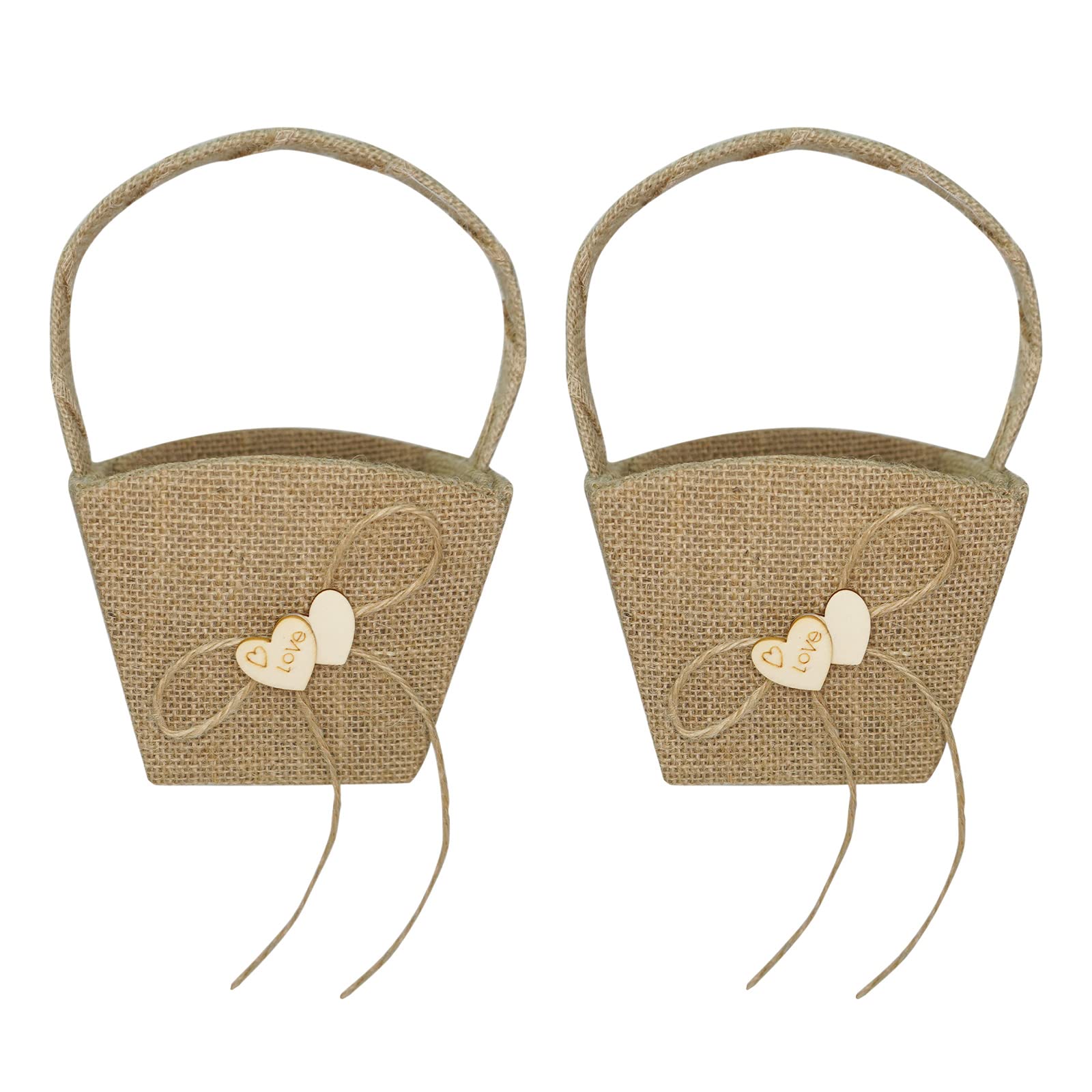Vintage Rustic Burlap Flower Girl Basket with Pearl Double Heart Bow - Set of 2, Perfect for Weddings, Bridal Showers & Boho Wedding Decorations