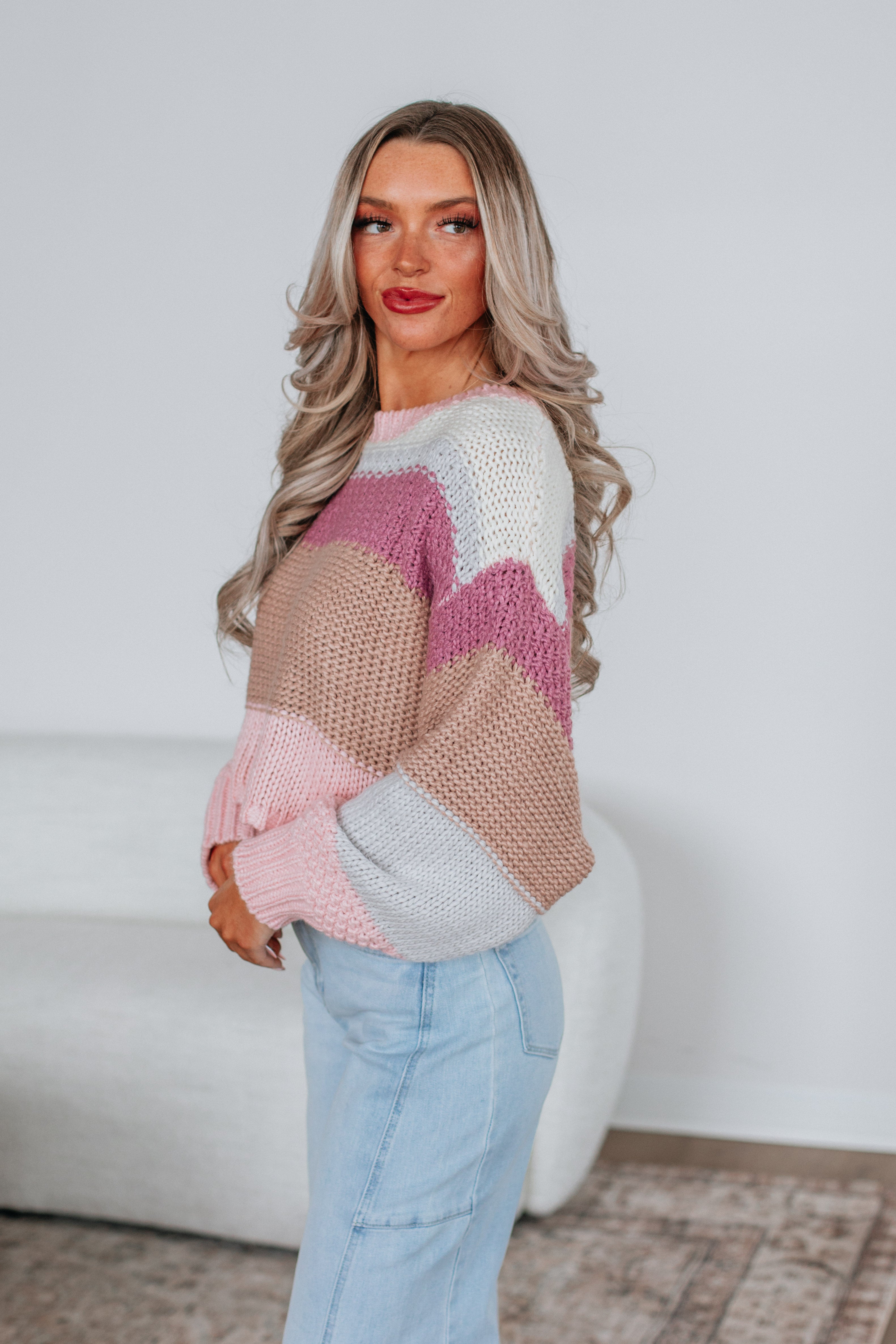 Cate Colorblock Sweater for Women - Trendy Blush Mix Knit Top - Perfect for Fall Fashion, Casual Outfits & Office Wear