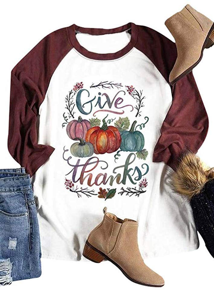 Thanksgiving Give Thanks T-Shirt for Women - Halloween Pumpkin Print 3/4 Sleeve Blouse | Perfect for Fall Festivities, Family Gatherings & Holiday Parties