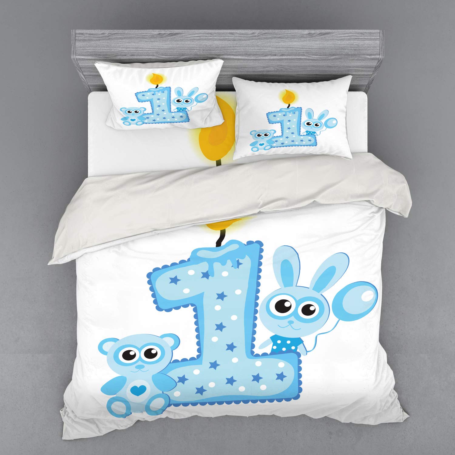 Ambesonne 1st Birthday Bedding Set - King Size 3-Piece Duvet Cover with Sham & Fitted Sheet - Cute Cake, Candle, Rabbit & Bear Animal Print in Pale Blue - Perfect for Baby's First Birthday Party Decorations & Nursery Room Decor
