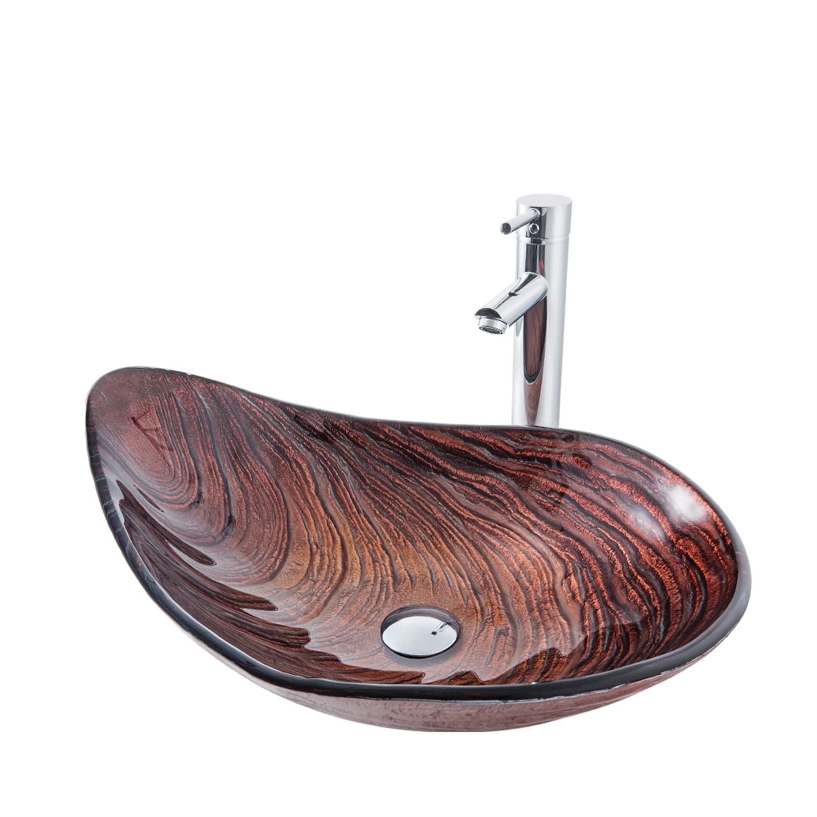 Modern Abstract Art Tempered Glass Vessel Sink with Chrome Faucet & Pop-Up Drain Set - Bathroom Vanity Countertop Sink Bowl for Contemporary Home Decor (Set C) - Perfect for Powder Rooms, Guest Baths & Master Suites