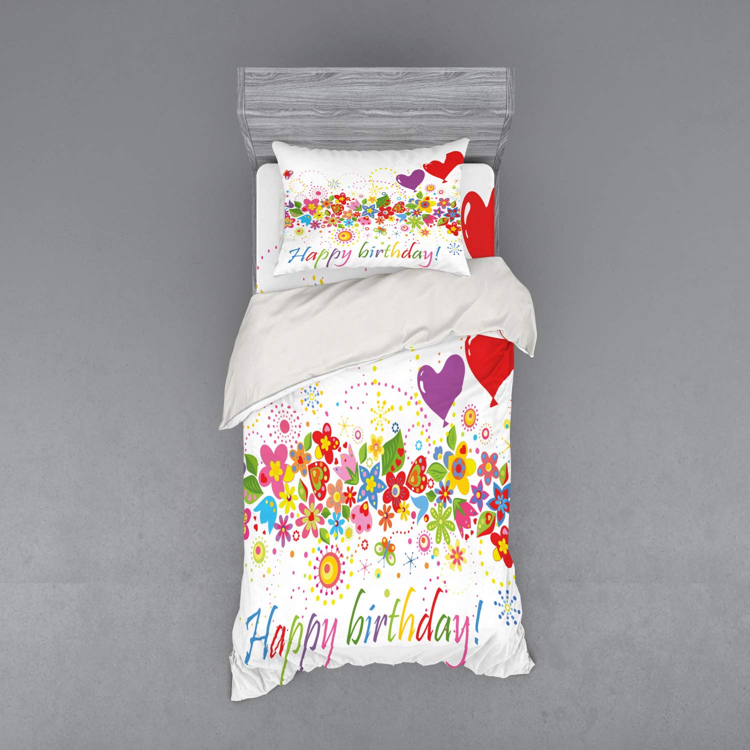 Ambesonne Birthday Bedding Set - Colorful Meadow Heart Balloons Duvet Cover 3-Piece Set with Sham & Fitted Sheet, Twin XL, Multicolor | Perfect for Birthday Parties & Kids Room Decor