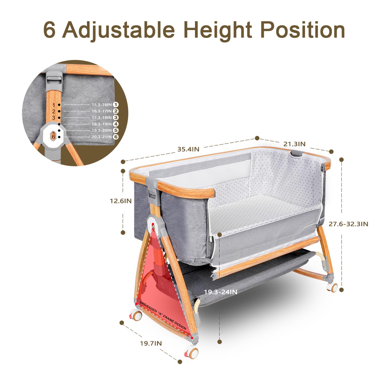 Adjustable Baby Bassinet Bedside Sleeper with Wheels & Mosquito Net - 6 Height Positions, 3-in-1 Portable Crib for Newborns, Infants & Toddlers (Light Grey) | Perfect for Nursery, Bedroom Co-Sleeping & Travel