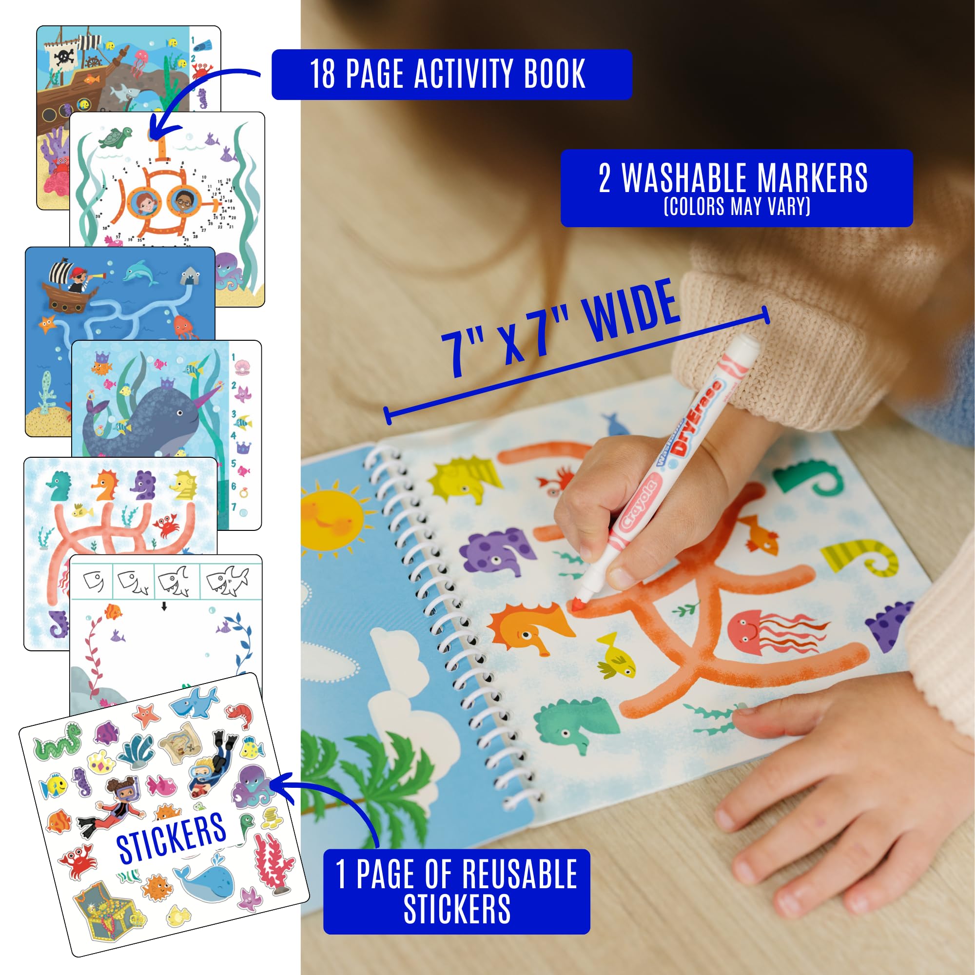 Washable Travel Activity Book for Kids Ages 4-6 | 7x7 Inch Educational Toy with Reusable Stickers & Markers | Car & Airplane Games, Search & Find Ocean Theme | Perfect for Road Trips, Flights & Homeschool Learning