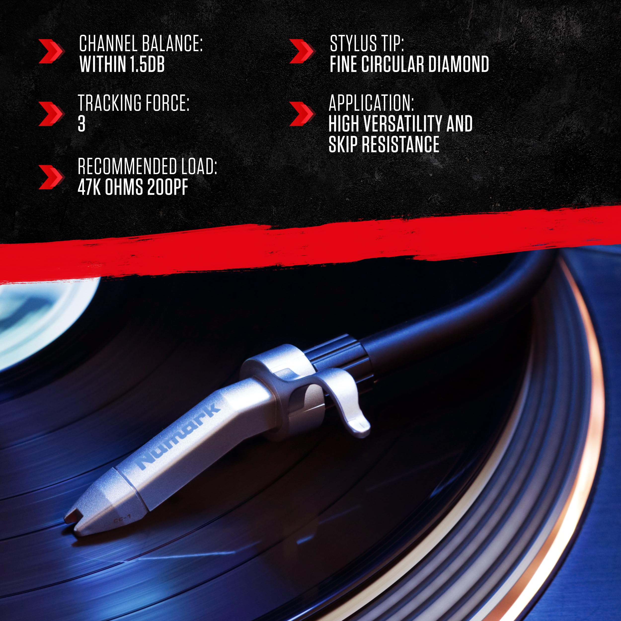 Numark CC-1 Premium DJ Cartridge with Headshell & Stylus - High-Performance Turntable Needle for Professional Mixing, Scratching & DJ Performances - Ideal for Clubs, Radio Stations & Home Studios