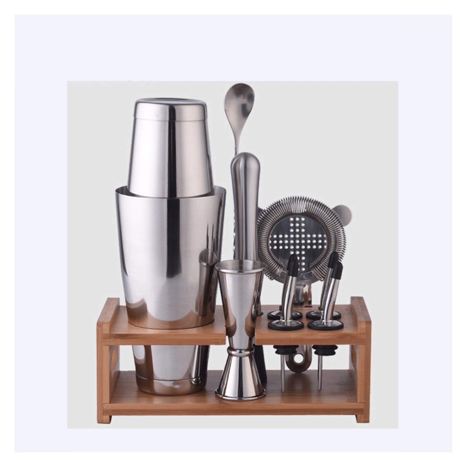 Premium Stainless Steel Cocktail Shaker Set with Wooden Stand - Boston Style Bar Tools for Mixing Cocktails, Wine Rack Included - Perfect for Home Bars, Professional Bartending & Party Mixing (Black)