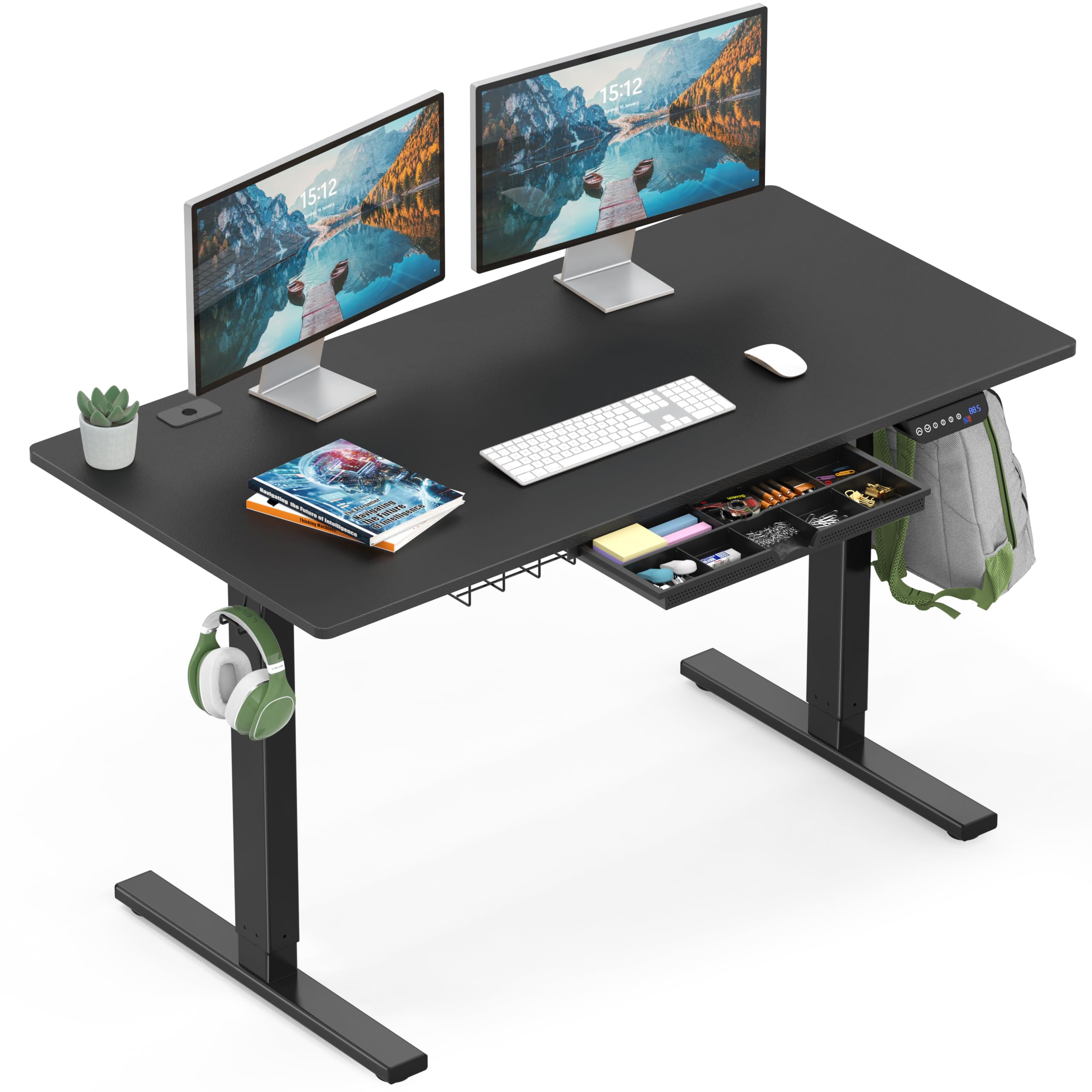 SHW 55 x 28 Inches Electric Height Adjustable Standing Desk with Drawer & Memory Preset, 140 x 71 cm, Black - Perfect for Home Office, Gaming & Workspace Ergonomics