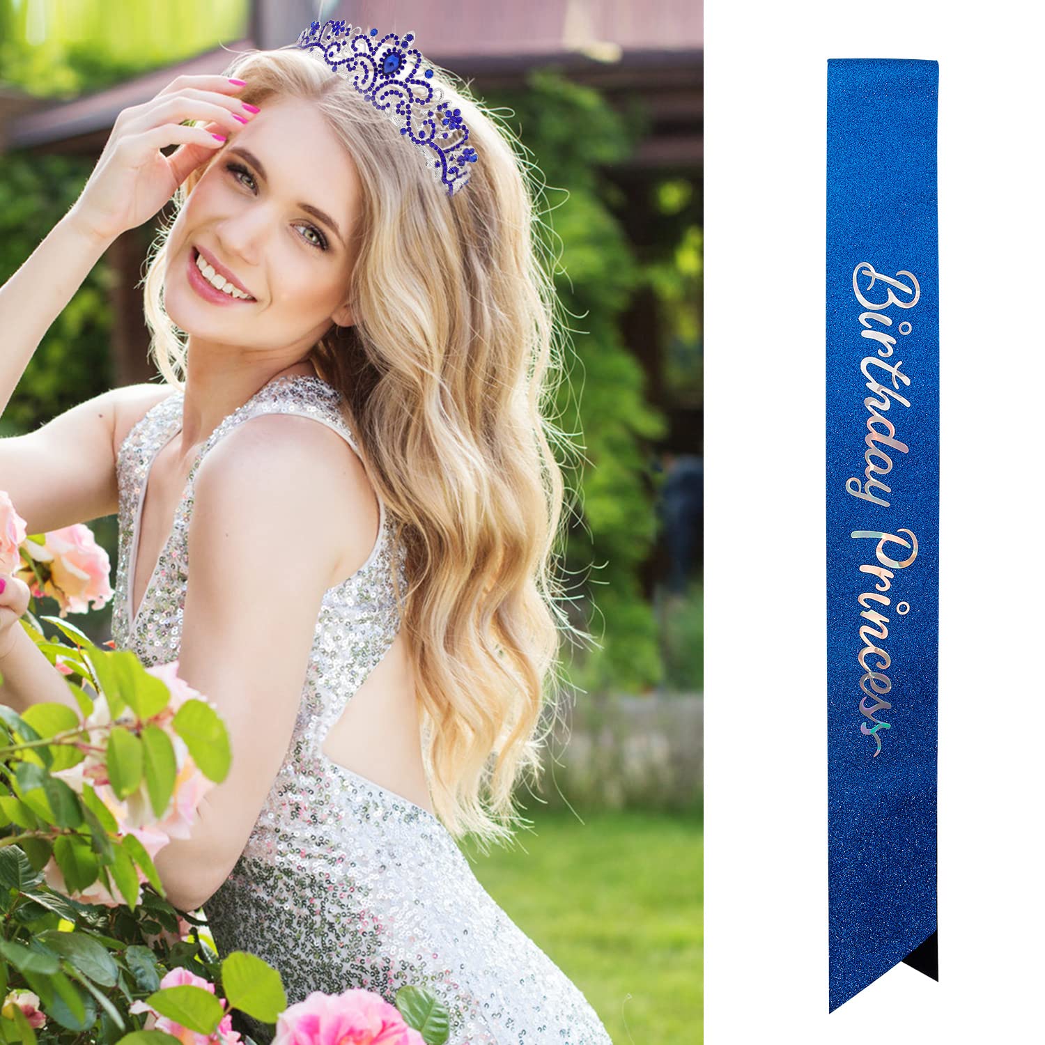 Sparkling Princess Crown & Tiara Set for Girls - Blue Birthday Sash, Party Crown & Accessories - Perfect for Princess Themed Birthday Decorations & Dress Up Play