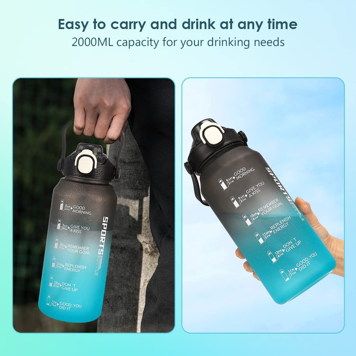Yuirsion 2L Sports Water Bottle with Time Markings & Straw - BPA-Free, Leak-Proof Fitness Bottle for Gym, Yoga, Hiking, Camping & Outdoor Activities - Ideal for Hydration Tracking & Workout Motivation (Black/Blue)