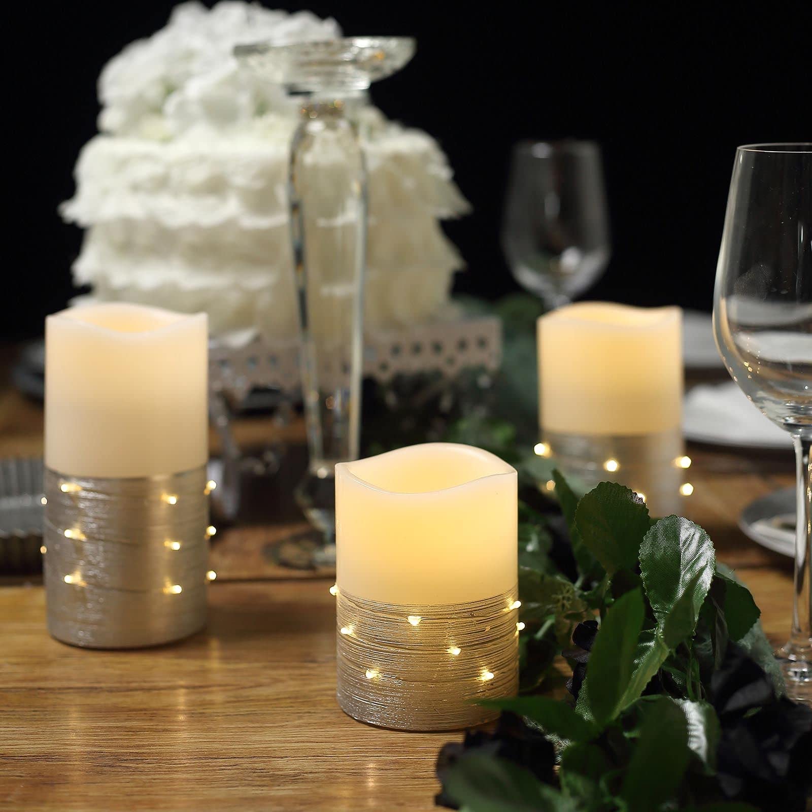 Set of 3 Silver Flameless LED Pillar Candles with Remote Timer & Battery Operated String Lights - Perfect for Weddings, Home Decor, and Romantic Ambiance