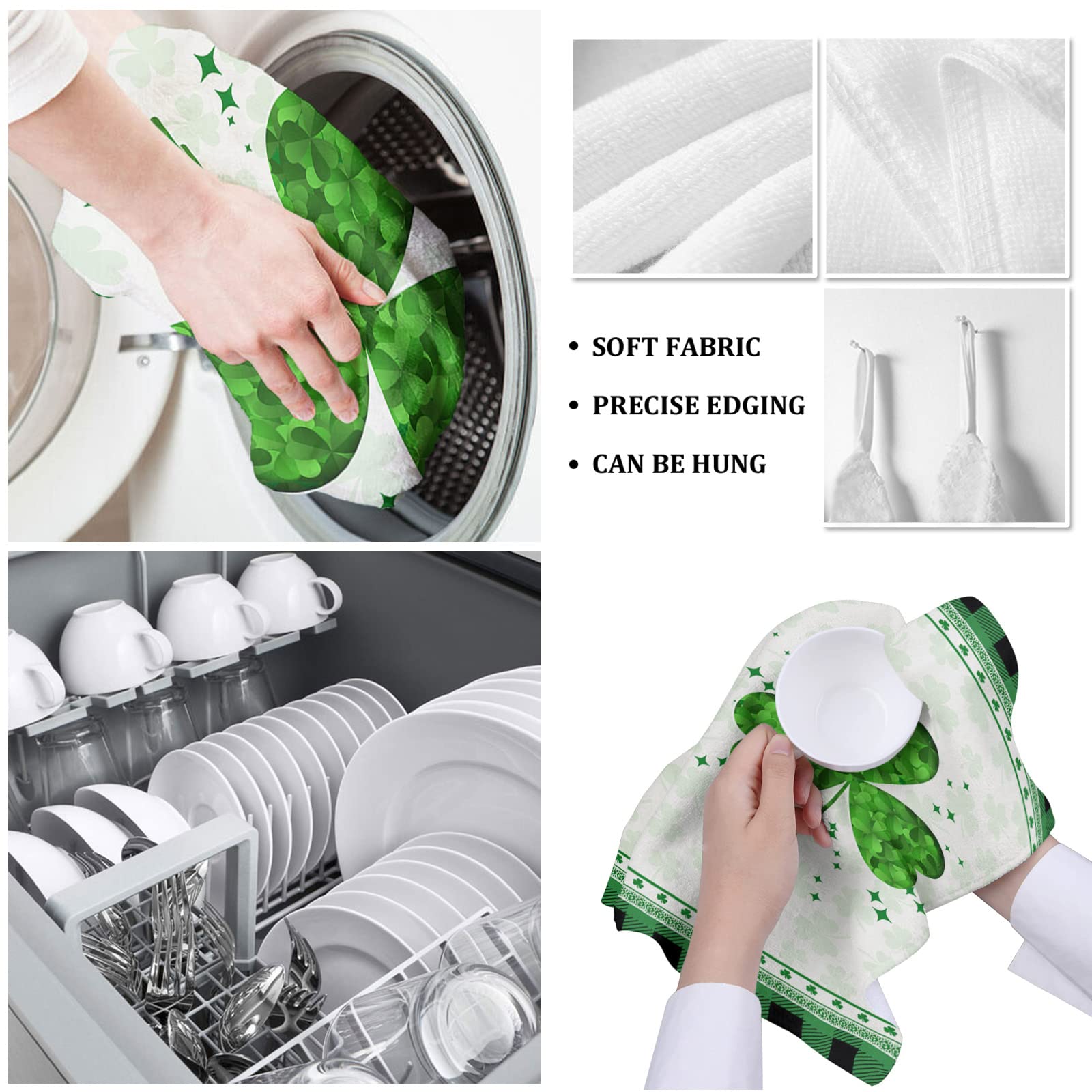 Premium Microfiber Kitchen Towels Set - 4 Pack Absorbent Reusable Dish Cloths (18x28 Inch) for Cleaning, Drying & Decor | St. Patrick's Day Shamrock Design | Ideal for Kitchen, Bar, Tea Service & Holiday Decorations