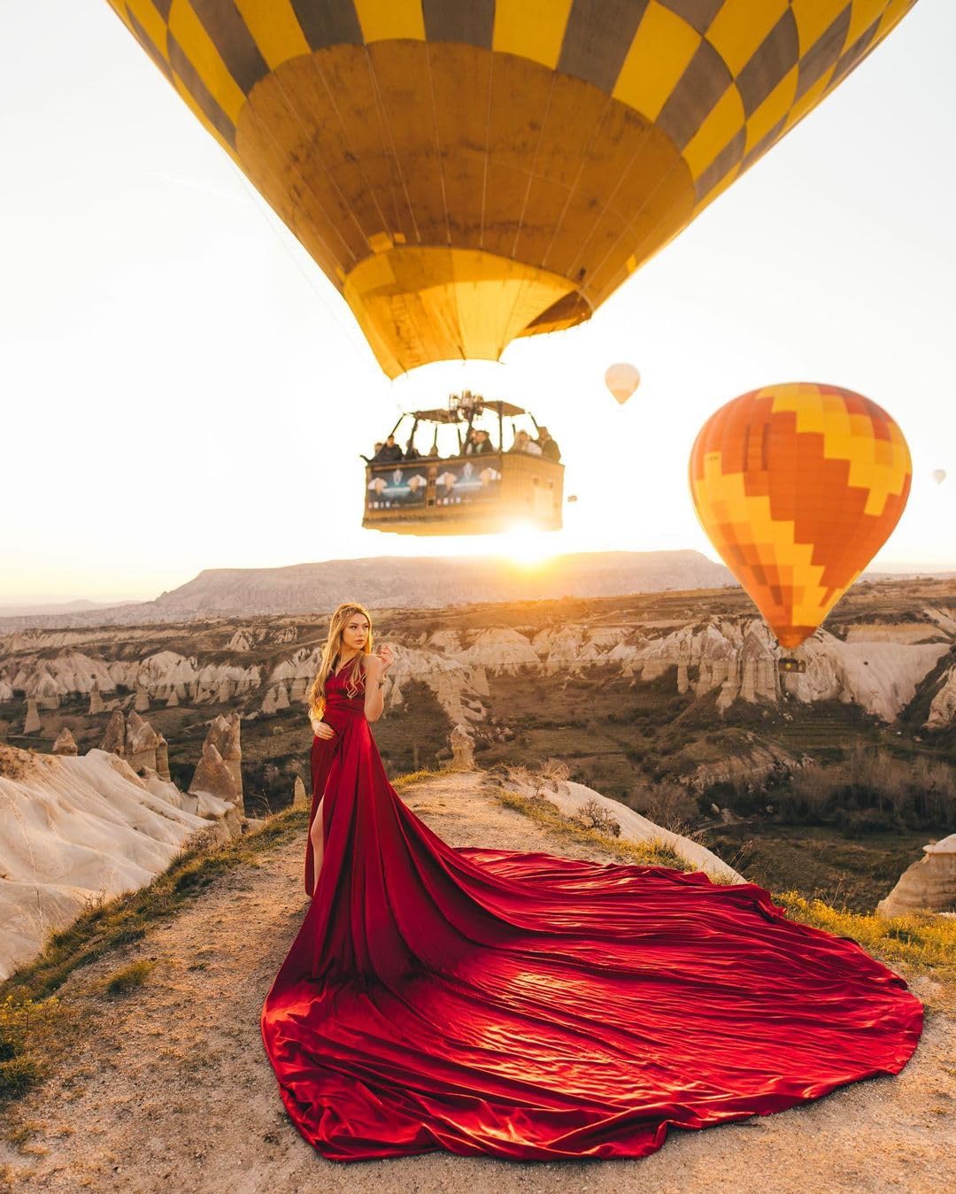 Elegant Long Flying Dress for Photoshoot - Flowy Satin Maxi Dress with Long Train (Size M, Red) | Perfect for Santorini Vacations, Beach Weddings & Boho Style Photography
