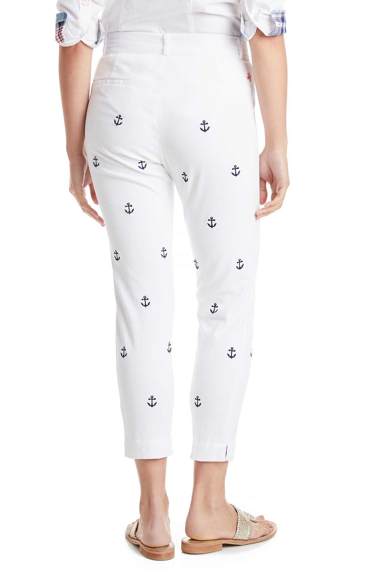 Women's White Stretch Twill Ankle Capri Pants with Anchor Print - Perfect for Summer Outfits, Beach Vacations & Casual Wear