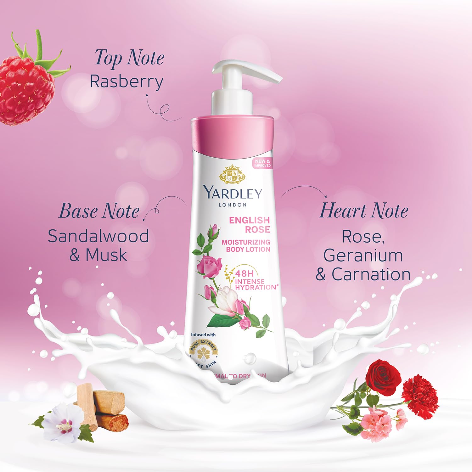 Yardley London English Rose Moisturizing Body Lotion with Germ Shield | Enriched with Rose & Geranium Oil | Daily Hydrating Hand & Body Lotion with Vitamin C & B3 for Women | 400ml | Perfect for Dry Skin Care & Daily Moisturizing Routine