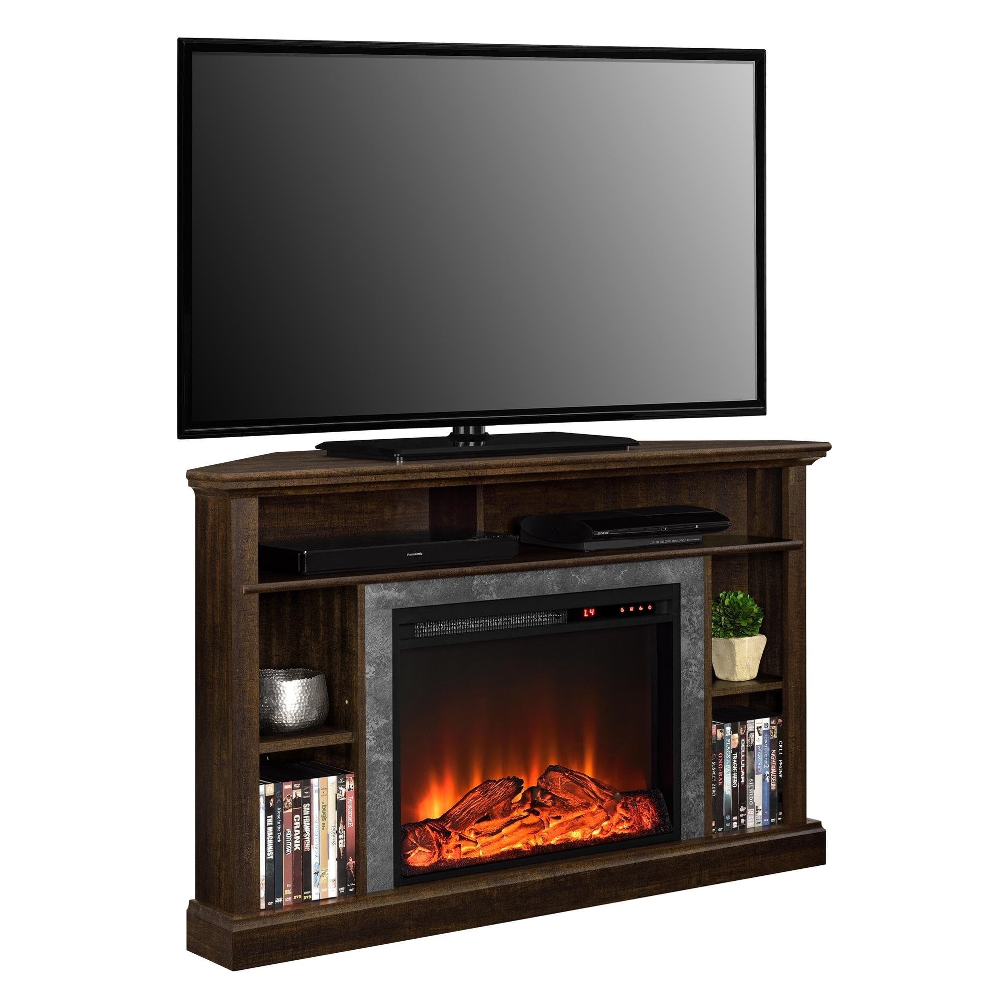 Ameriwood Home Overland 50 Inch Corner Fireplace TV Stand with Electric Heater Insert - Remote Control, Timer, Realistic Flame & Log Effect in Espresso - Perfect for Living Room, Bedroom & Home Theater Setup
