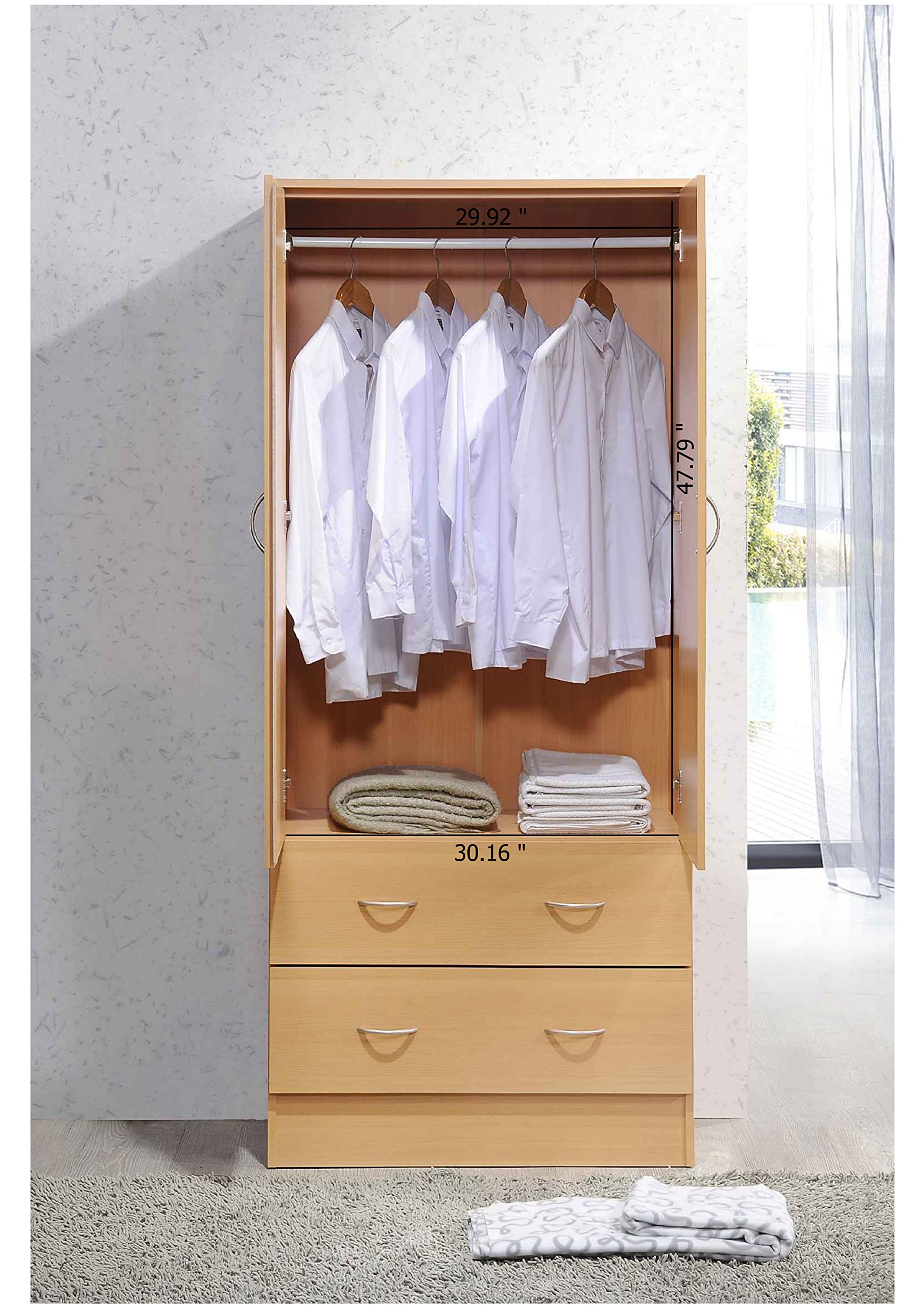 HODEDAH 2 Door Wood Wardrobe Closet with Clothing Rod & 2 Storage Drawers - Beech Finish for Bedroom Organization & Clothes Storage