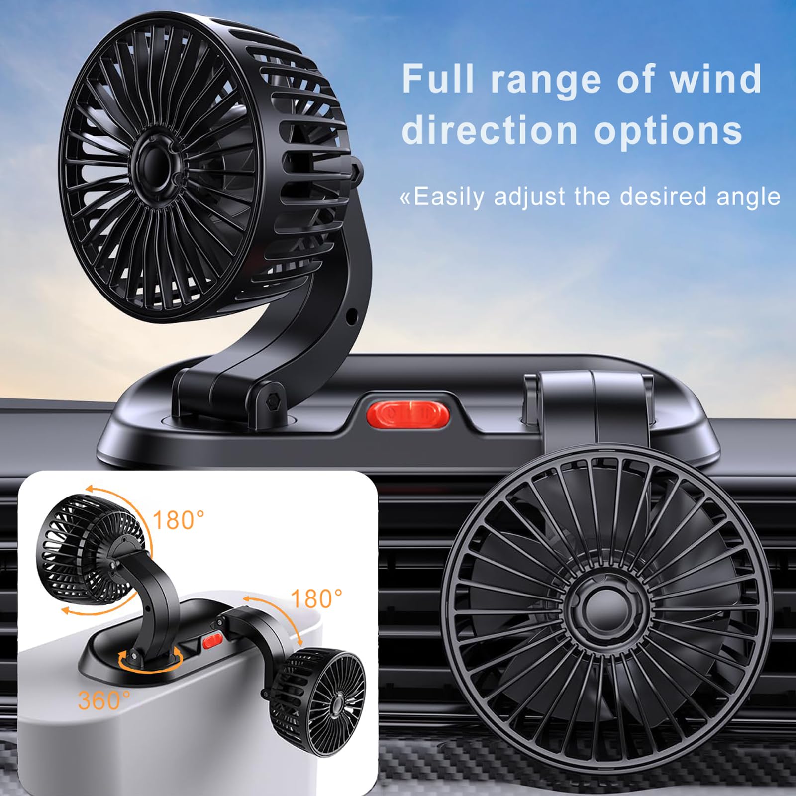 2024 Dual Head USB Car Fan - Portable Brushless Motor Vehicle Cooling Fan with 2 Speeds & 360° Rotation | USB Powered for Car Dashboard, SUV, RV, Truck, Sedan | Perfect for Road Trips, Office & Home Use (Black)