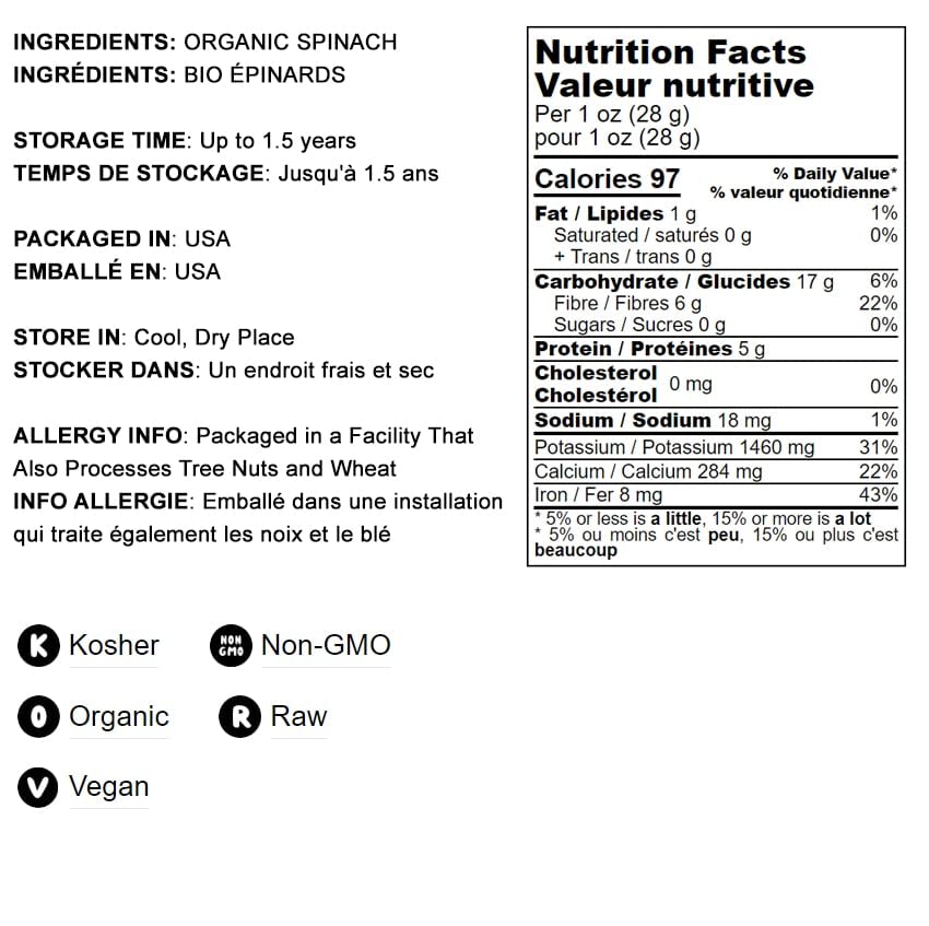 Organic Spinach Powder 16 lbs - Non-GMO, Vegan, Kosher, Dehydrated Spinach Leaves | Rich in Fiber, Vitamin A & Iron | Perfect for Smoothies, Baking, Yogurt, Oatmeal & Healthy Recipes
