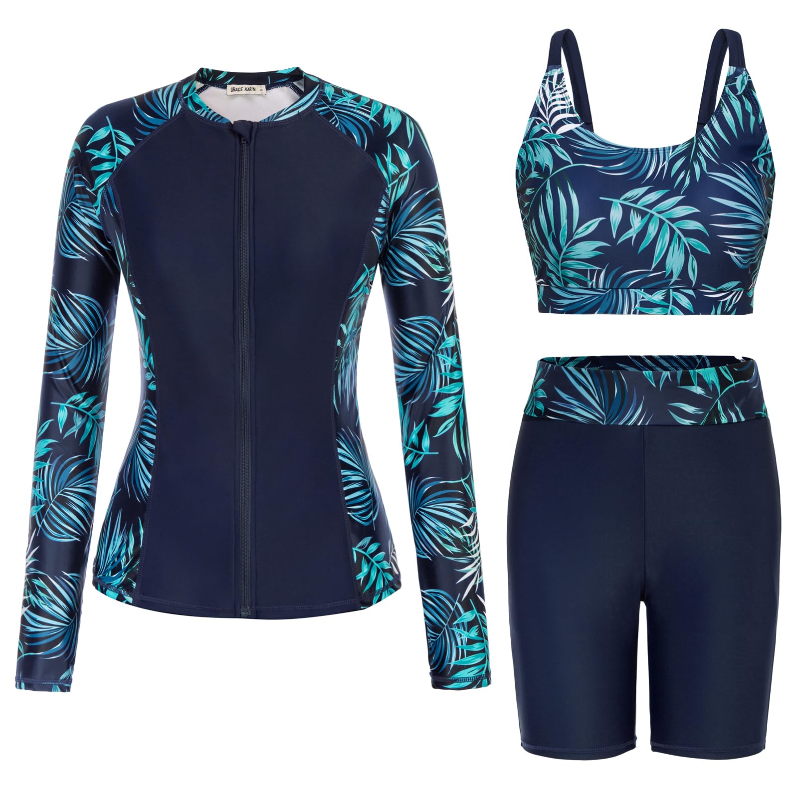 GRACE KARIN Women's 3 Piece Rash Guard Swimsuit Set with Built-in Bra, Long Sleeve UV Sun Protection, Zip Up Swim Top for Beach, Surfing & Water Sports | Modest Swimwear for Active Women