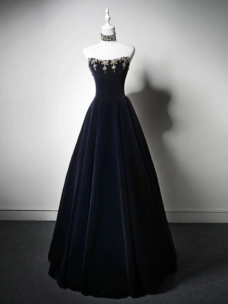 Elegant Dark Blue Velvet A-Line Prom Dress with Beaded Details - Perfect for Homecoming, Evening Gala & Formal Events
