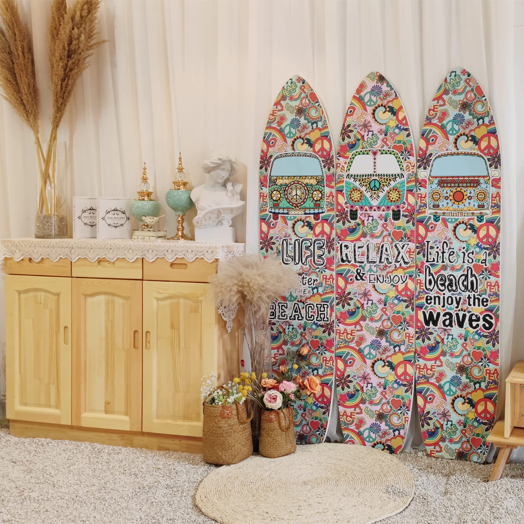 LANDCHY 3-Panel Wooden Room Divider - Nostalgic Bus & Surfboard Themed Freestanding Partition Screen, 71