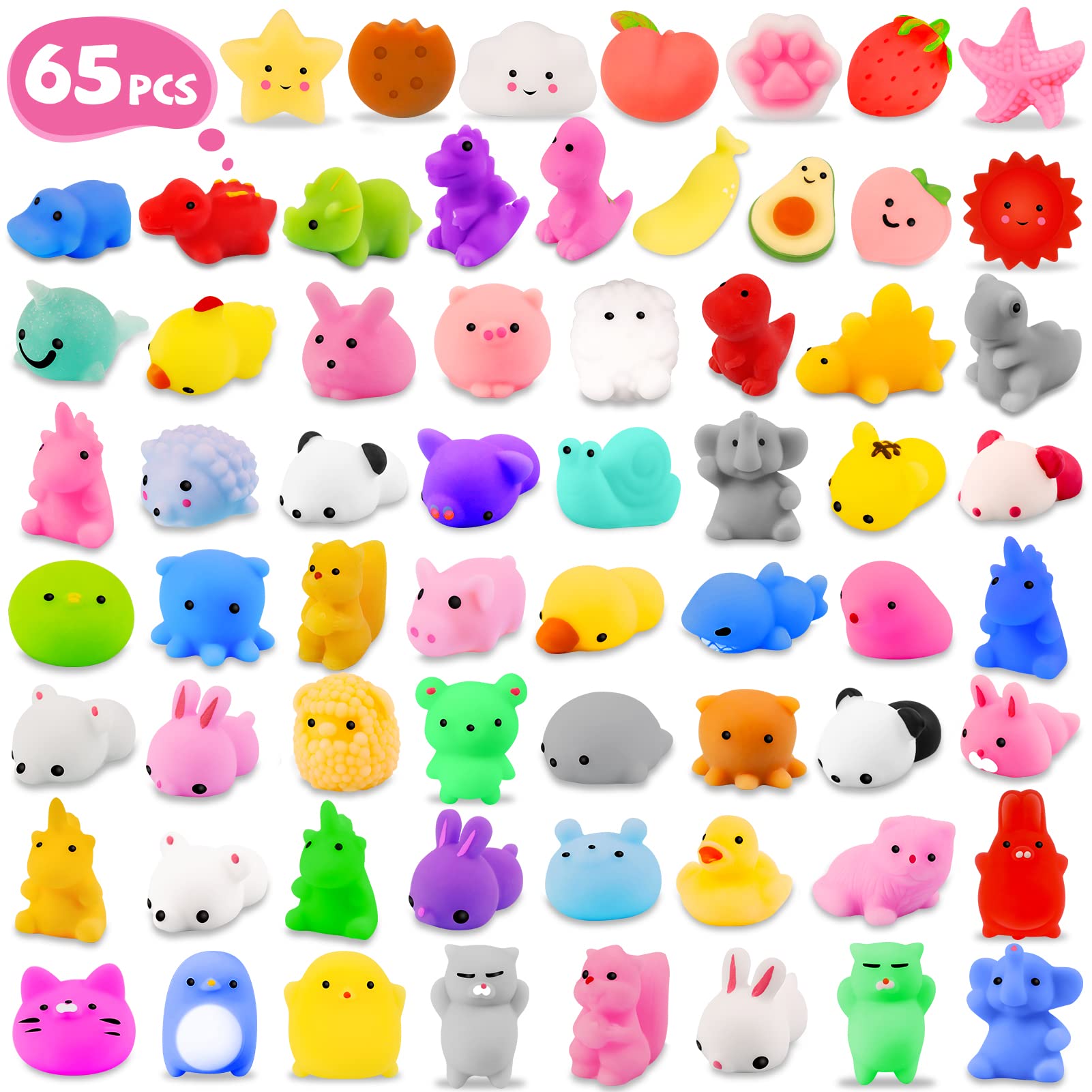 NPET 65Pcs Kawaii Squishy Toys for Kids - Stress Relief & Party Favors for Classroom, Birthday Gifts