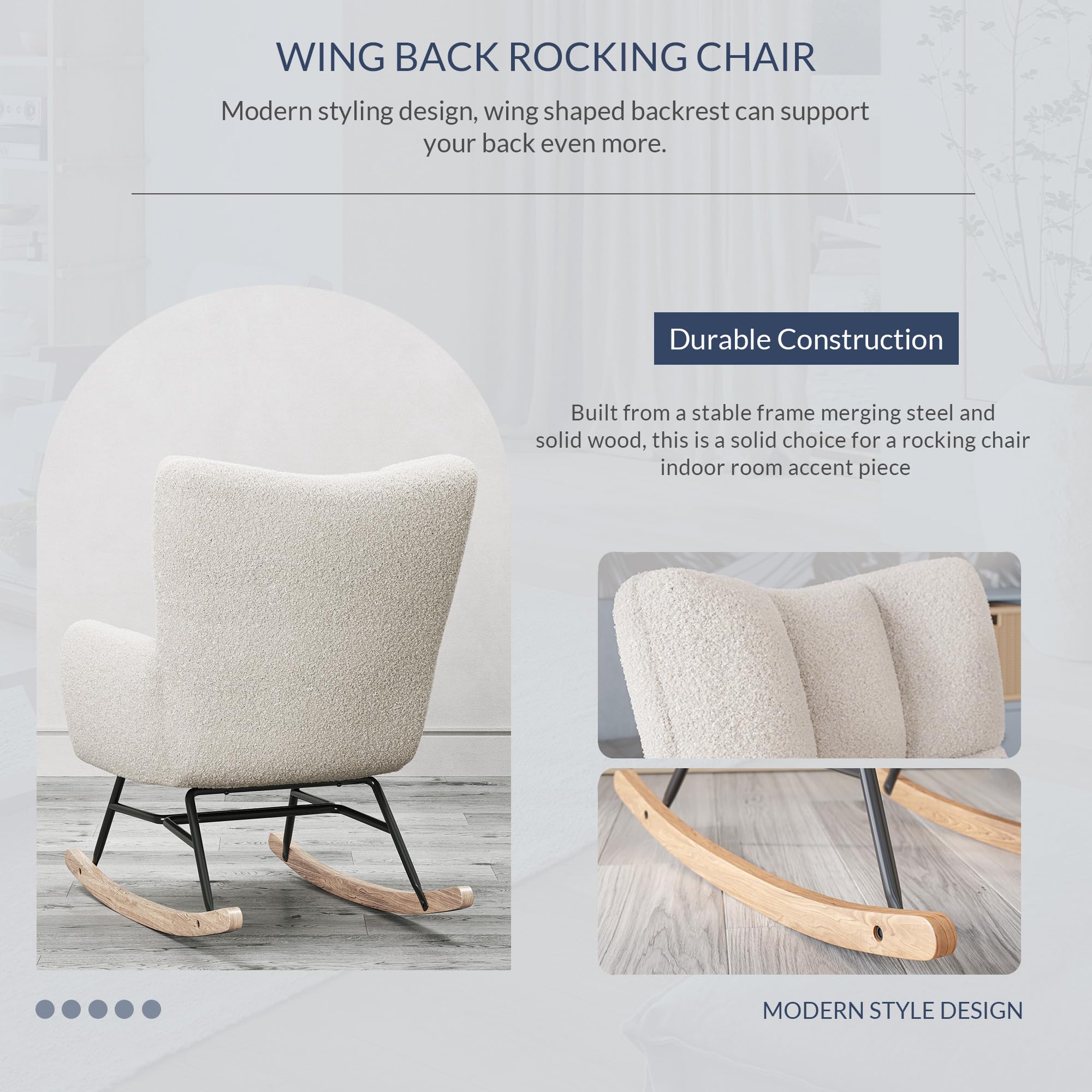 BELLEZE Upholstered Rocking Glider Chair with Cushioned Back & Armrests - Wide Seat Nursery Rocker for Bedroom, Living Room, Office - Perfect for Nursing, Relaxing & Reading (Lucy - White)